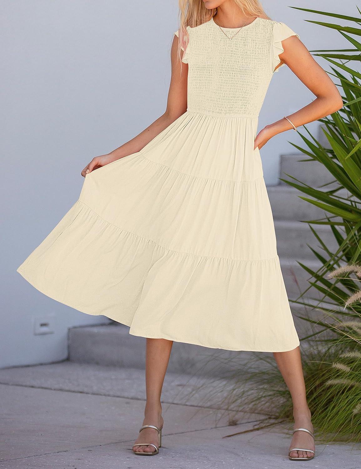 imageMEROKEETY Womens Flutter Short Sleeve Smocked Midi Dress Summer Casual Tiered ALine DressApricot