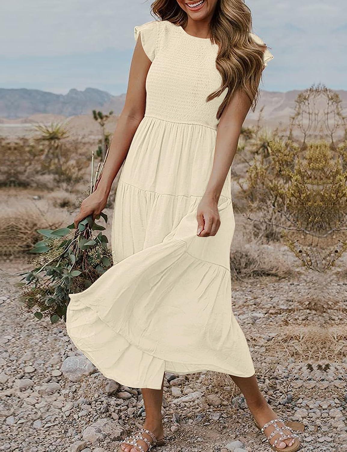 imageMEROKEETY Womens Flutter Short Sleeve Smocked Midi Dress Summer Casual Tiered ALine DressApricot
