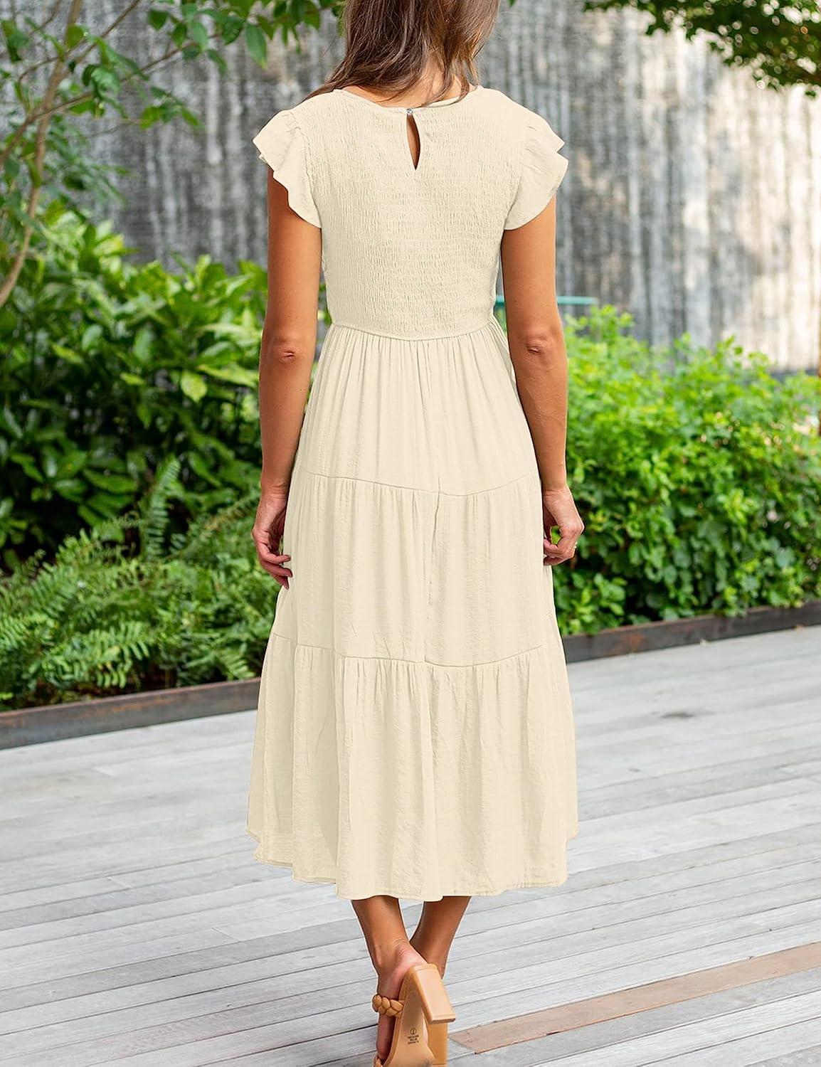 imageMEROKEETY Womens Flutter Short Sleeve Smocked Midi Dress Summer Casual Tiered ALine DressApricot