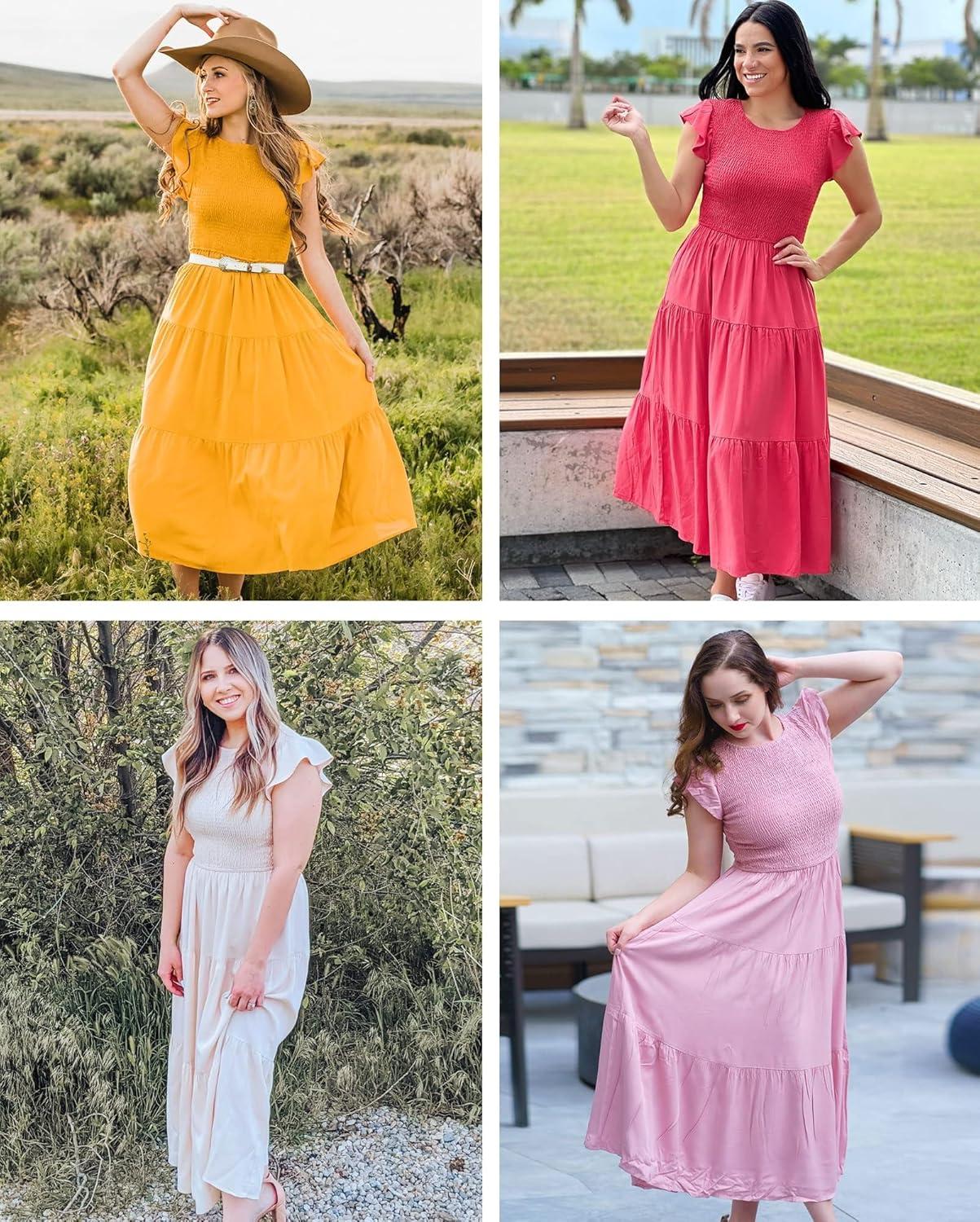 imageMEROKEETY Womens Flutter Short Sleeve Smocked Midi Dress Summer Casual Tiered ALine DressApricot