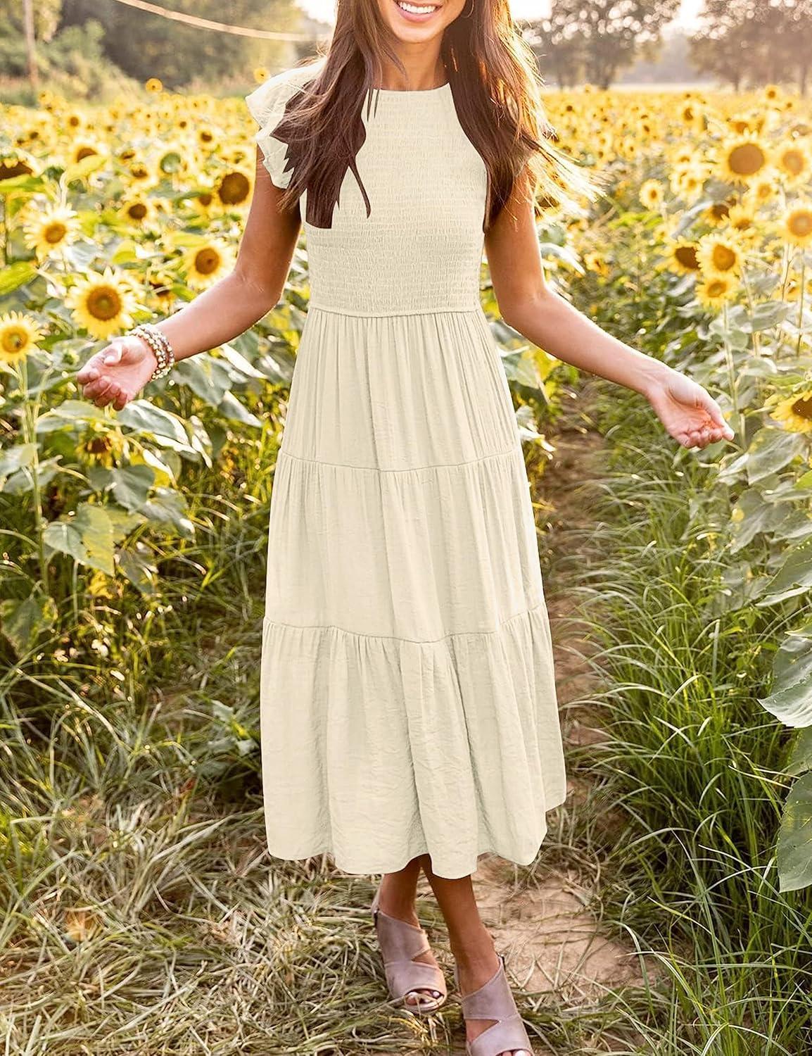 imageMEROKEETY Womens Flutter Short Sleeve Smocked Midi Dress Summer Casual Tiered ALine DressApricot