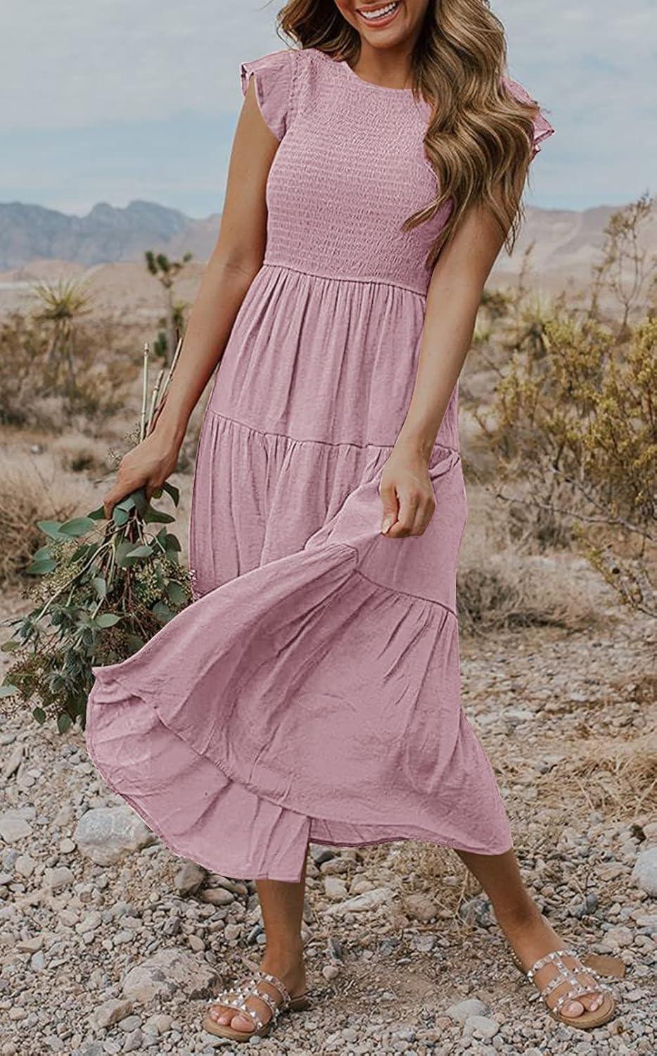 imageMEROKEETY Womens Flutter Short Sleeve Smocked Midi Dress Summer Casual Tiered ALine DressDarkpink