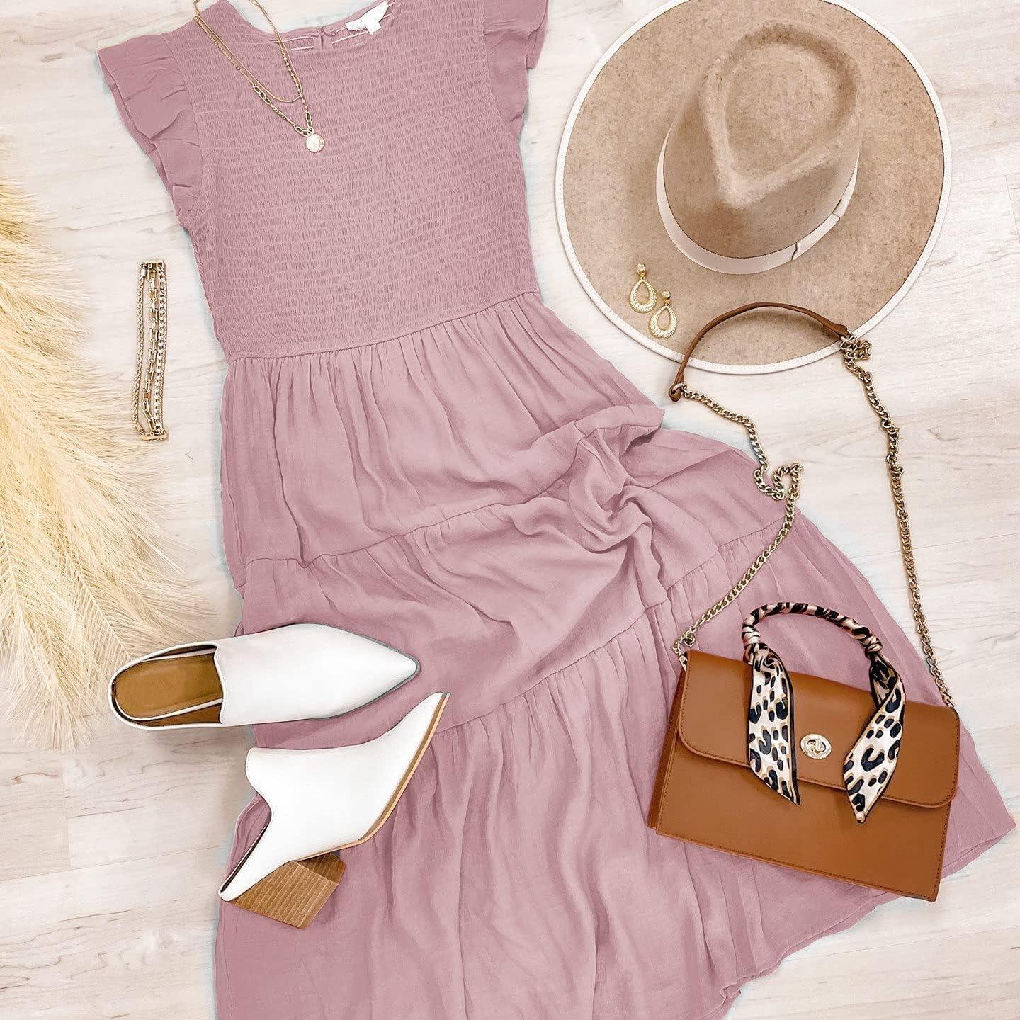 imageMEROKEETY Womens Flutter Short Sleeve Smocked Midi Dress Summer Casual Tiered ALine DressDarkpink