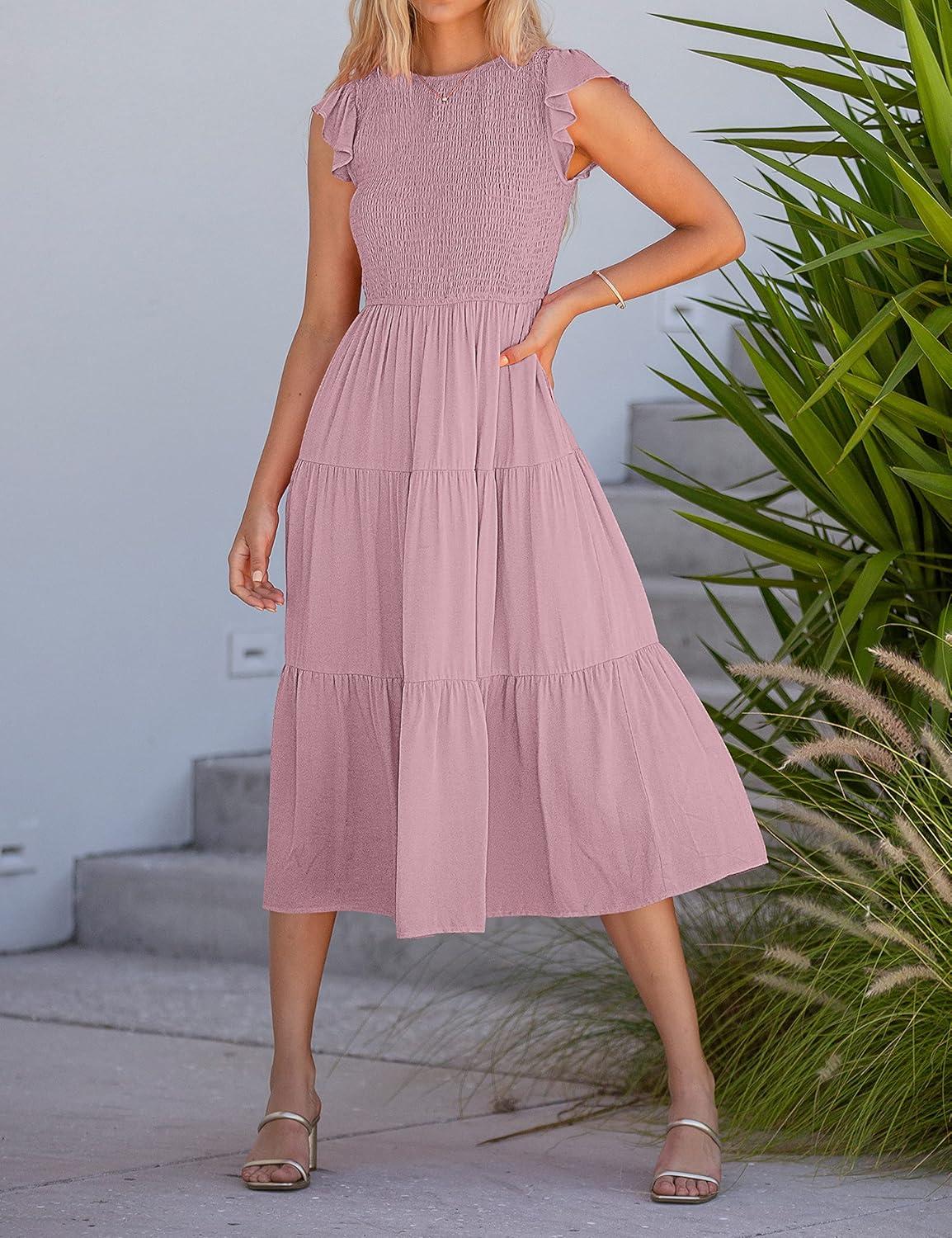 imageMEROKEETY Womens Flutter Short Sleeve Smocked Midi Dress Summer Casual Tiered ALine DressDarkpink