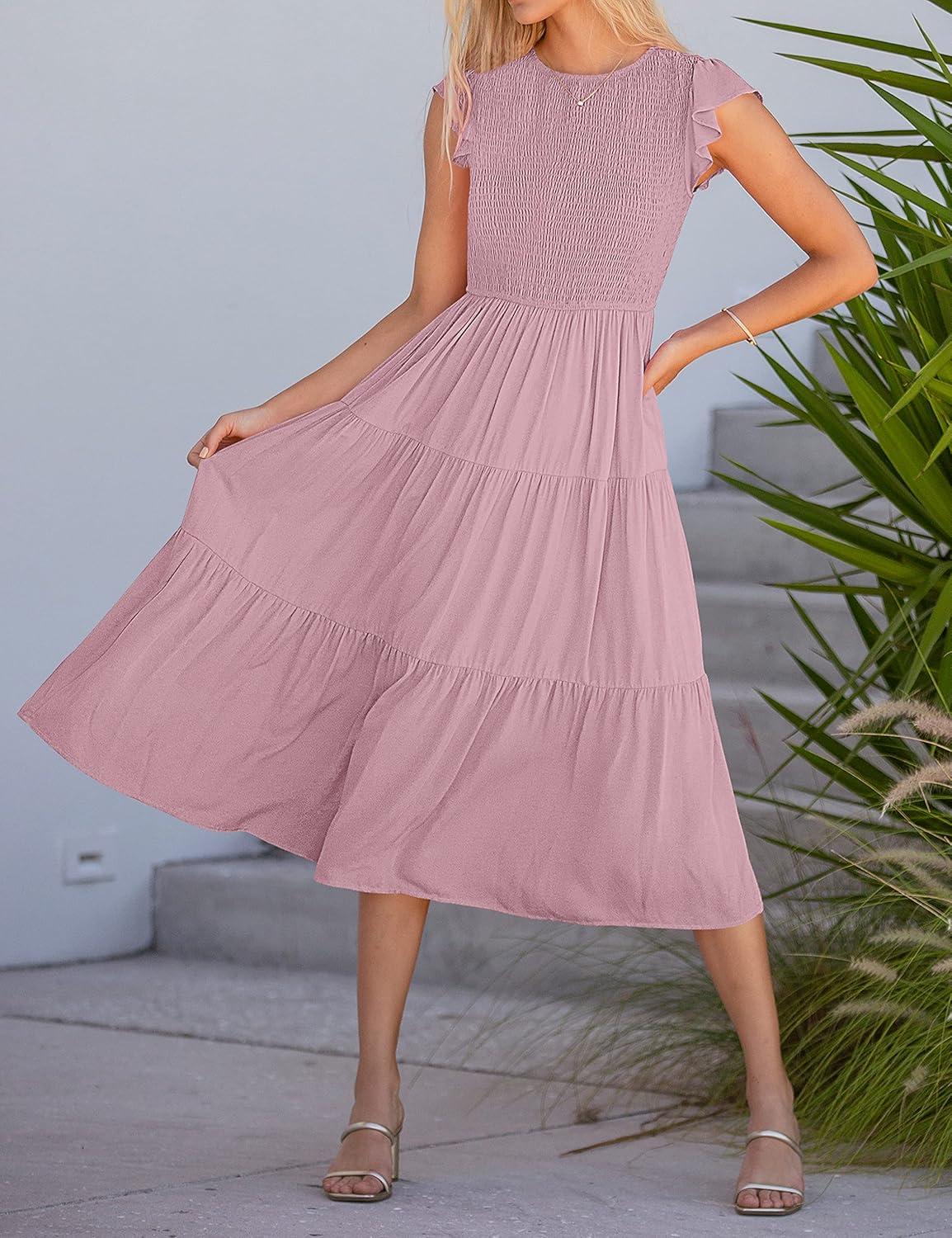 imageMEROKEETY Womens Flutter Short Sleeve Smocked Midi Dress Summer Casual Tiered ALine DressDarkpink