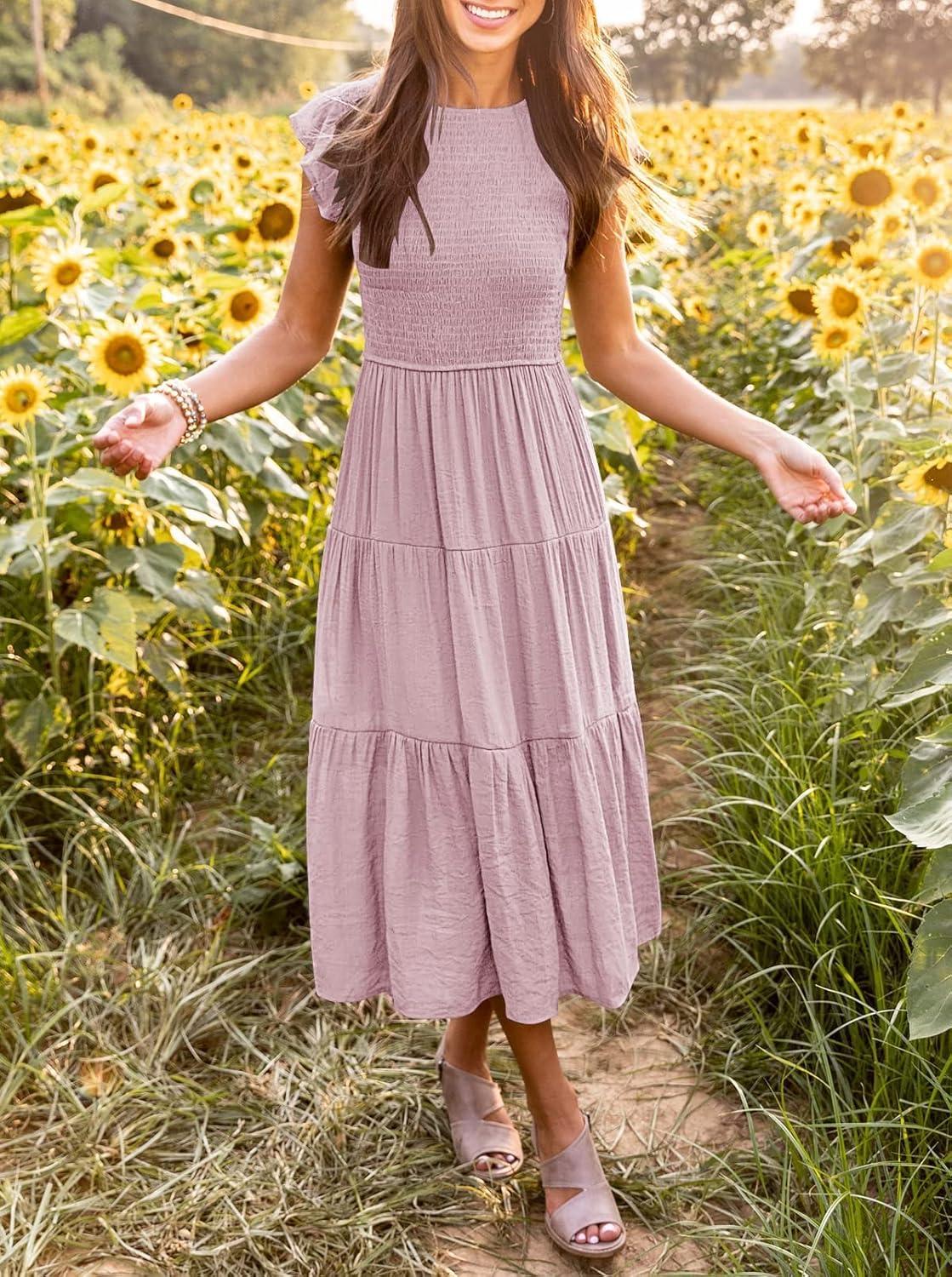 imageMEROKEETY Womens Flutter Short Sleeve Smocked Midi Dress Summer Casual Tiered ALine DressDarkpink