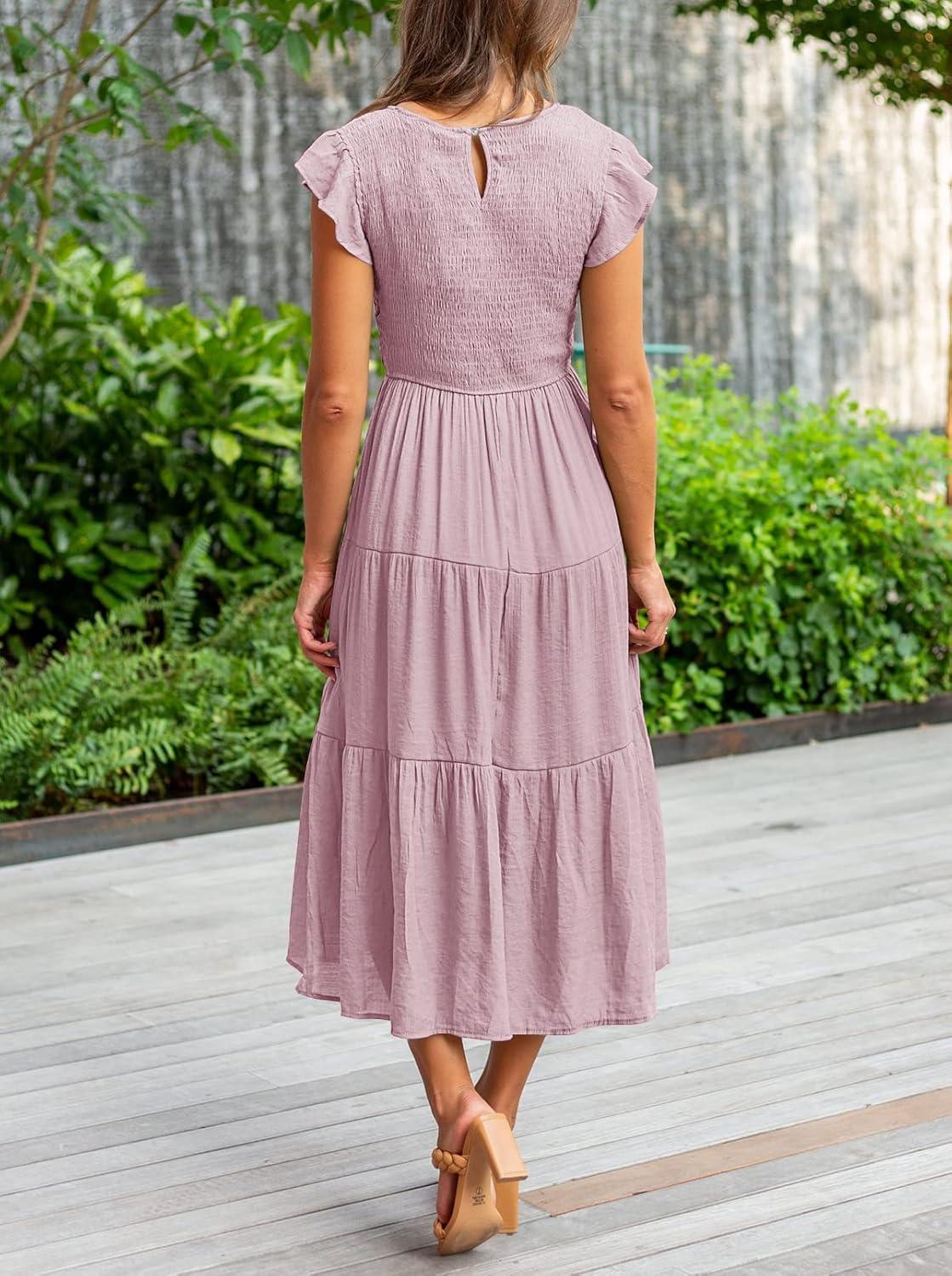 imageMEROKEETY Womens Flutter Short Sleeve Smocked Midi Dress Summer Casual Tiered ALine DressDarkpink