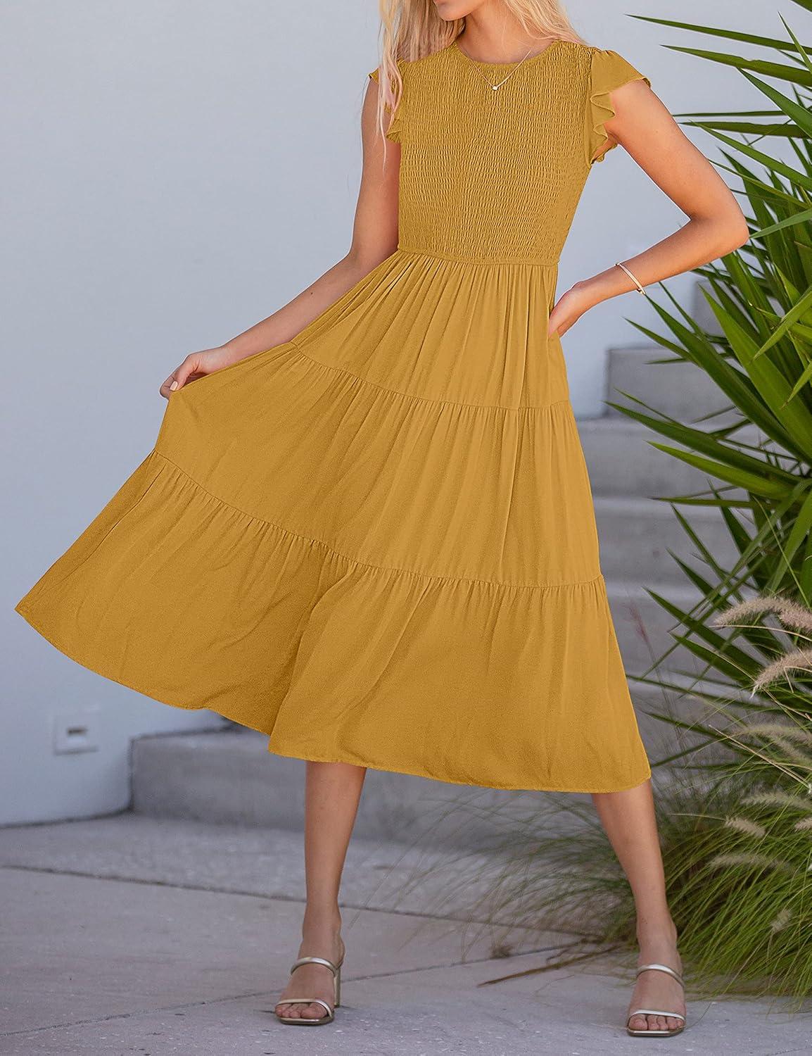 imageMEROKEETY Womens Flutter Short Sleeve Smocked Midi Dress Summer Casual Tiered ALine DressGinger