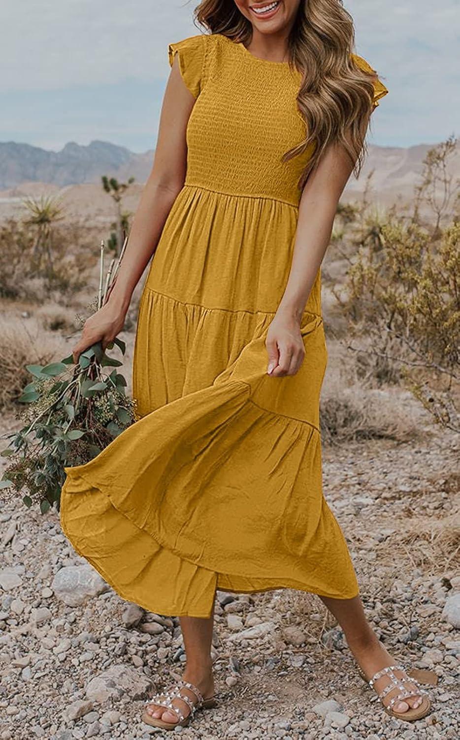 imageMEROKEETY Womens Flutter Short Sleeve Smocked Midi Dress Summer Casual Tiered ALine DressGinger
