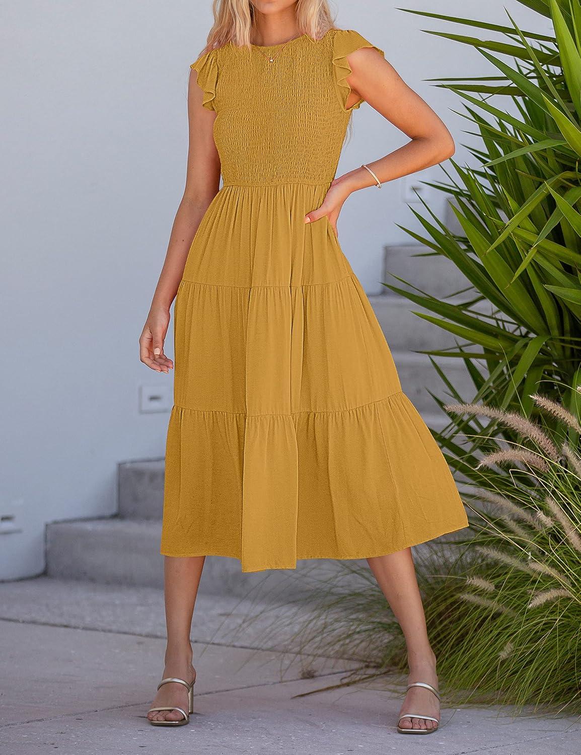 imageMEROKEETY Womens Flutter Short Sleeve Smocked Midi Dress Summer Casual Tiered ALine DressGinger