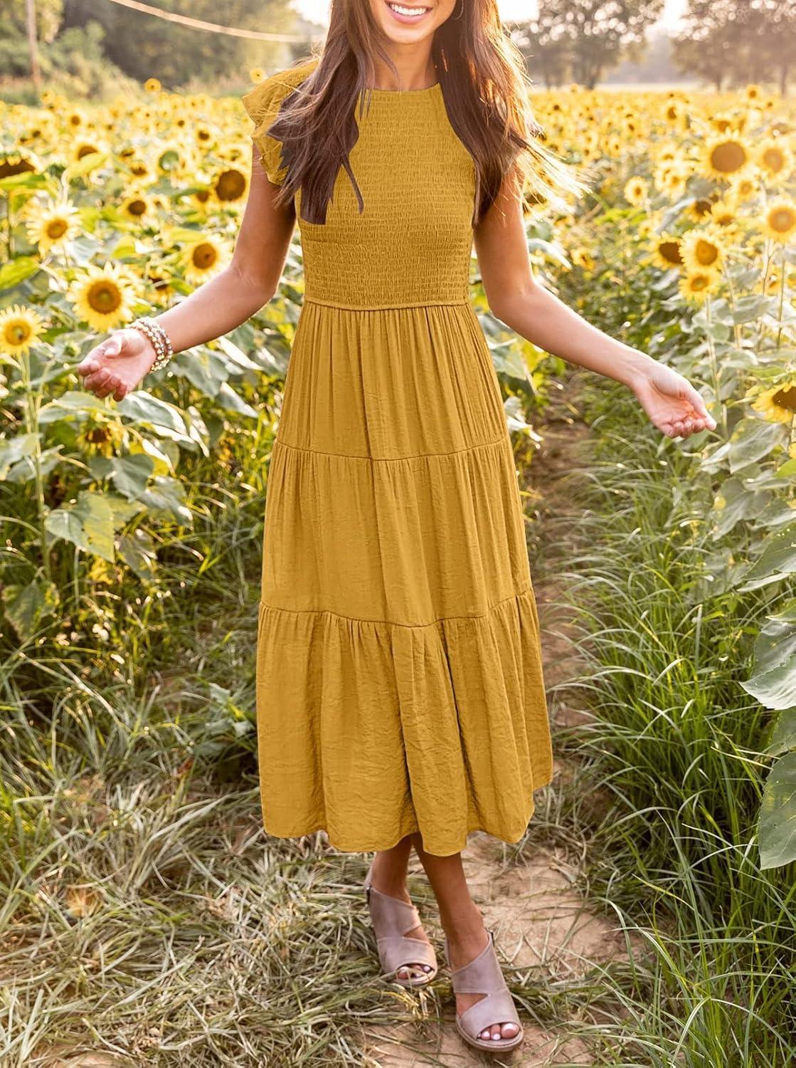 imageMEROKEETY Womens Flutter Short Sleeve Smocked Midi Dress Summer Casual Tiered ALine DressGinger