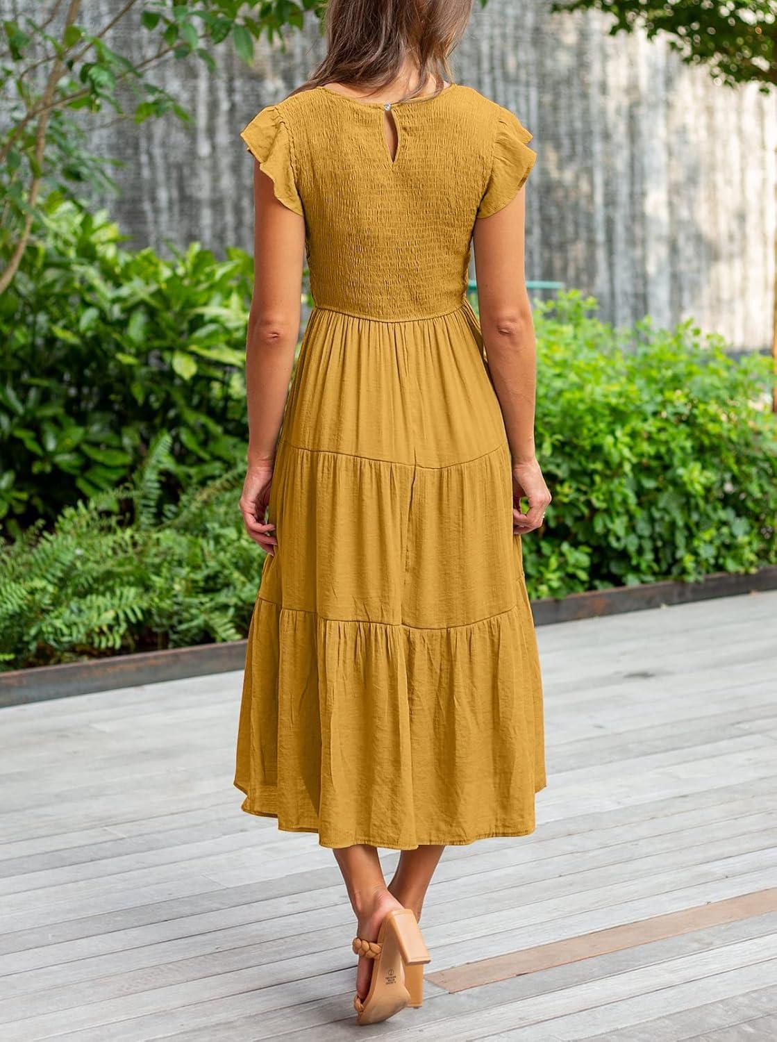 imageMEROKEETY Womens Flutter Short Sleeve Smocked Midi Dress Summer Casual Tiered ALine DressGinger