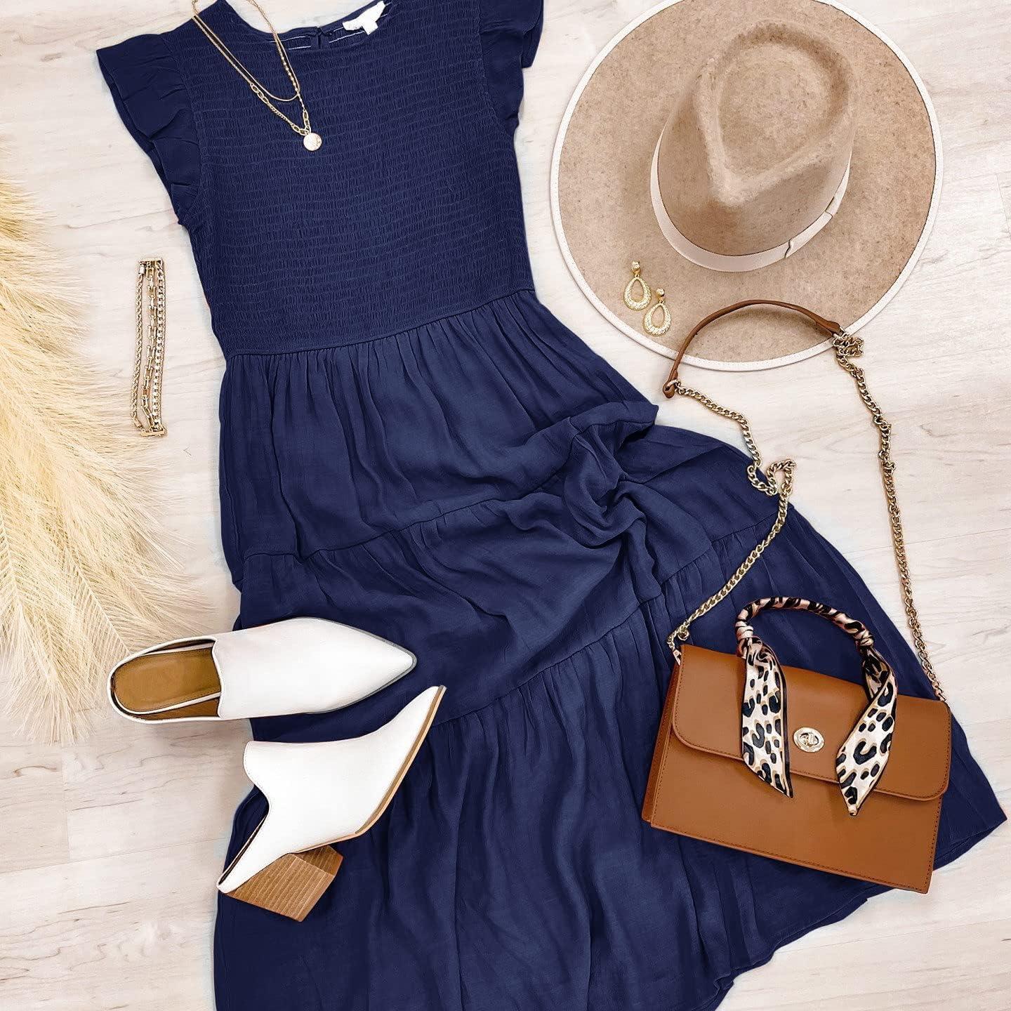 imageMEROKEETY Womens Flutter Short Sleeve Smocked Midi Dress Summer Casual Tiered ALine DressNavy