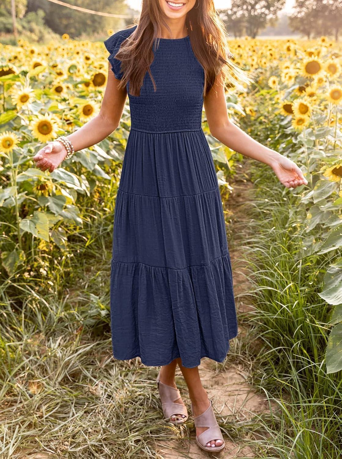 imageMEROKEETY Womens Flutter Short Sleeve Smocked Midi Dress Summer Casual Tiered ALine DressNavy