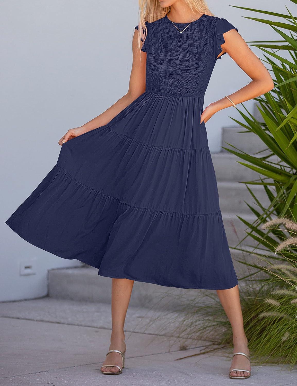imageMEROKEETY Womens Flutter Short Sleeve Smocked Midi Dress Summer Casual Tiered ALine DressNavy