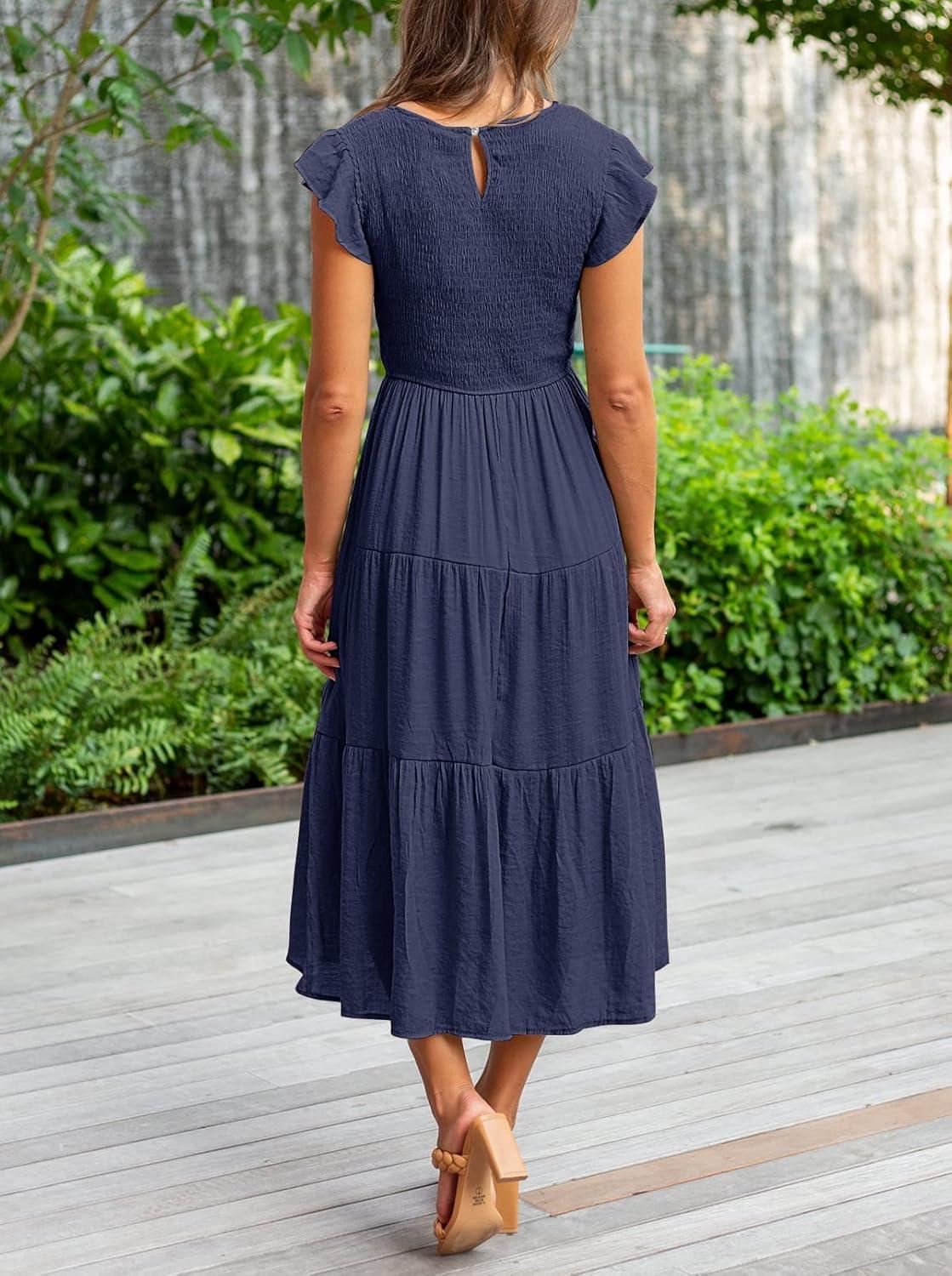 imageMEROKEETY Womens Flutter Short Sleeve Smocked Midi Dress Summer Casual Tiered ALine DressNavy