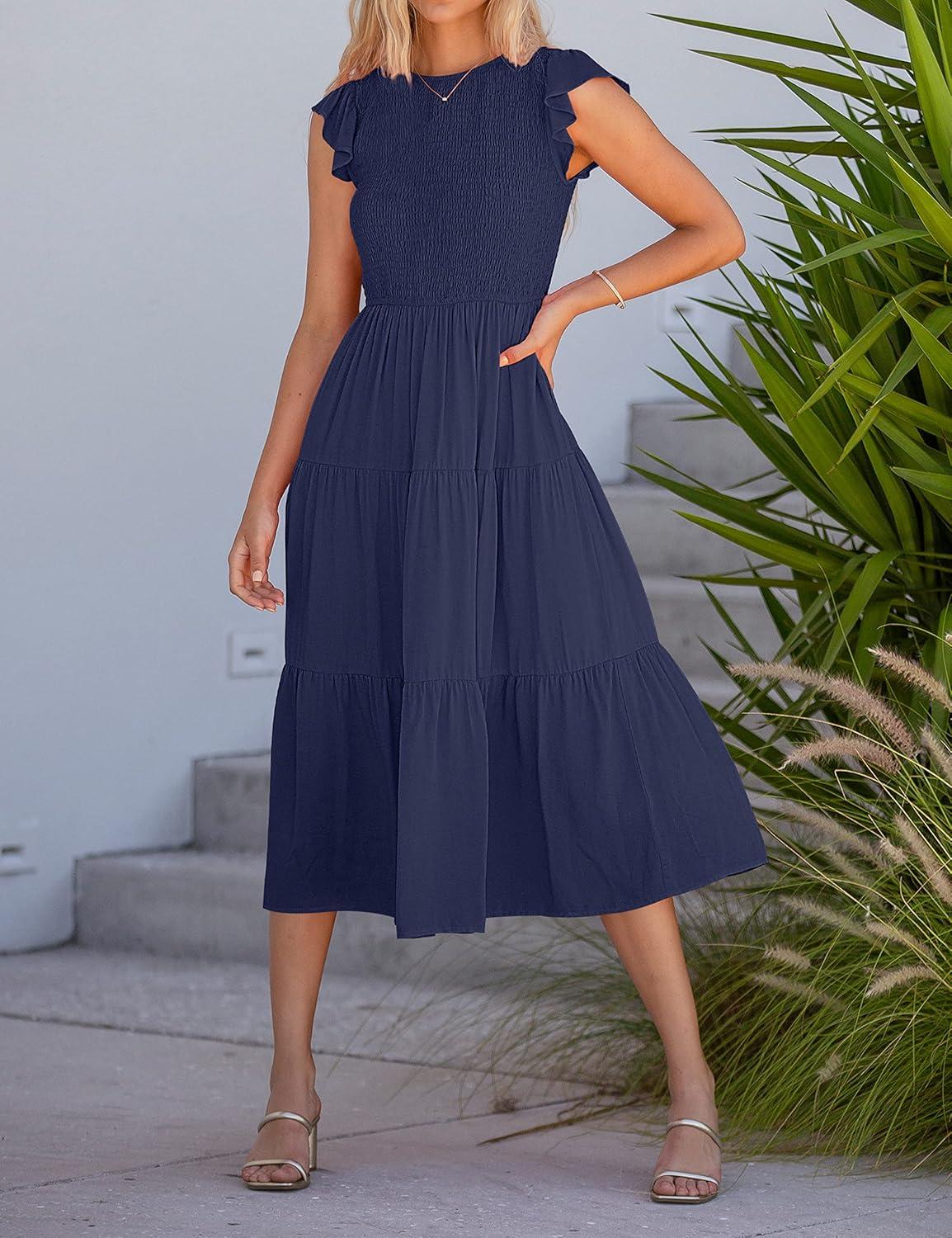 imageMEROKEETY Womens Flutter Short Sleeve Smocked Midi Dress Summer Casual Tiered ALine DressNavy
