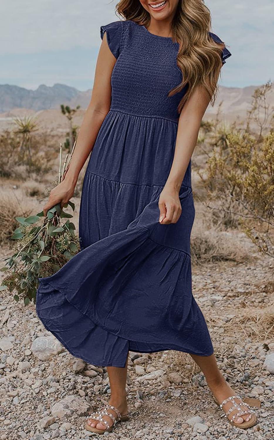 imageMEROKEETY Womens Flutter Short Sleeve Smocked Midi Dress Summer Casual Tiered ALine DressNavy