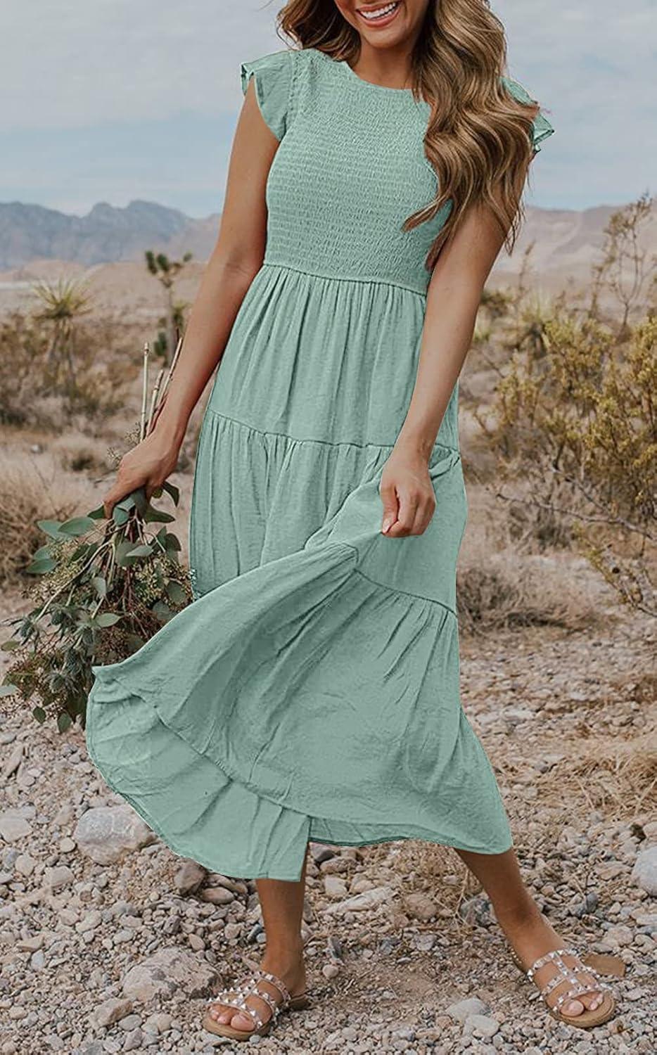 imageMEROKEETY Womens Flutter Short Sleeve Smocked Midi Dress Summer Casual Tiered ALine DressSage