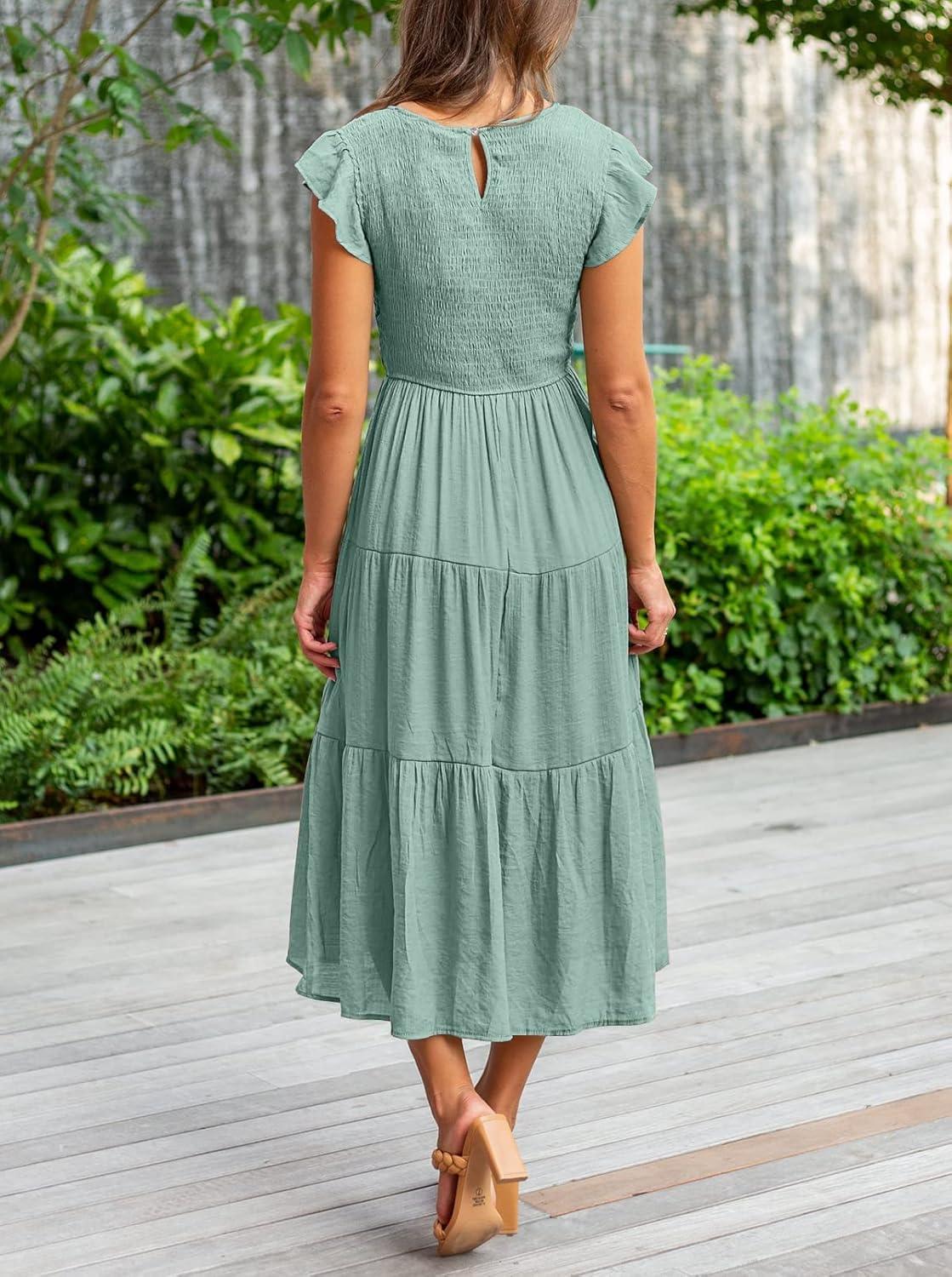 imageMEROKEETY Womens Flutter Short Sleeve Smocked Midi Dress Summer Casual Tiered ALine DressSage