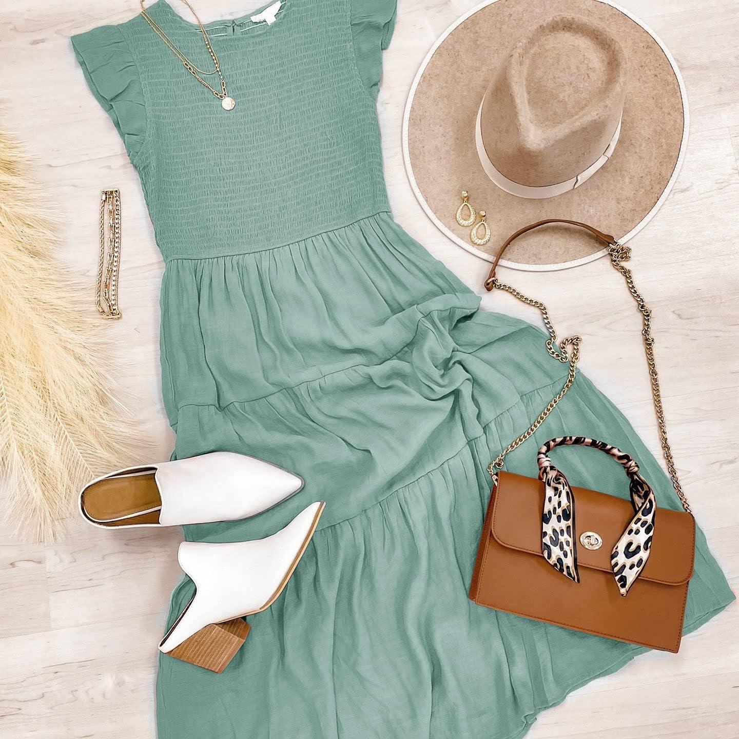 imageMEROKEETY Womens Flutter Short Sleeve Smocked Midi Dress Summer Casual Tiered ALine DressSage