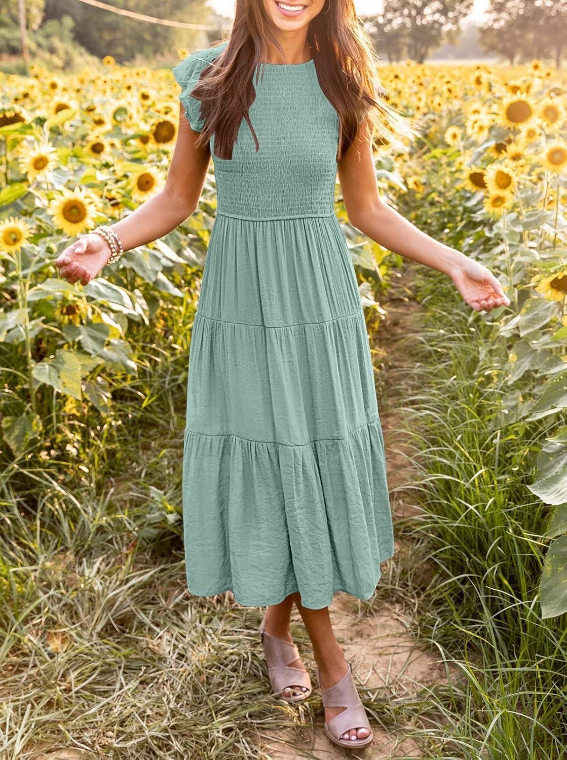 imageMEROKEETY Womens Flutter Short Sleeve Smocked Midi Dress Summer Casual Tiered ALine DressSage