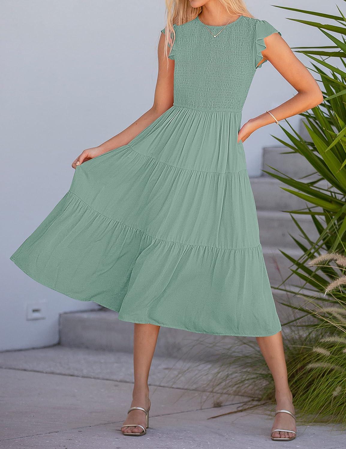 imageMEROKEETY Womens Flutter Short Sleeve Smocked Midi Dress Summer Casual Tiered ALine DressSage