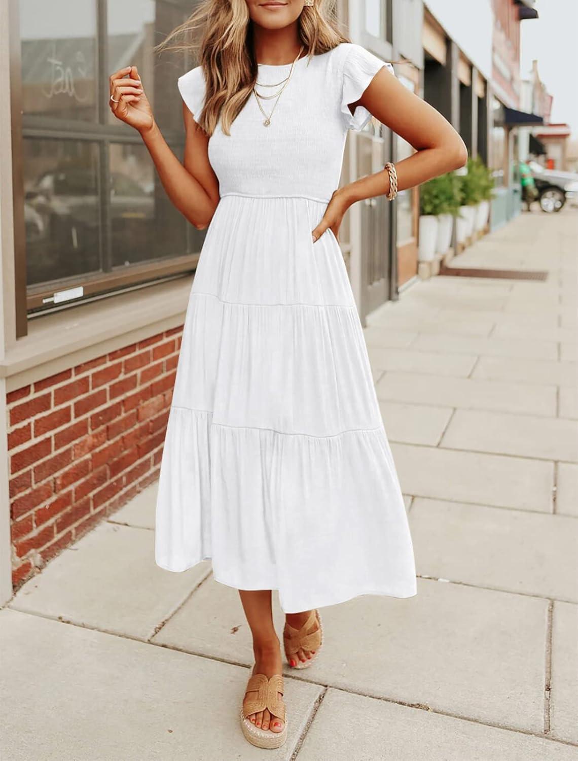 imageMEROKEETY Womens Flutter Short Sleeve Smocked Midi Dress Summer Casual Tiered ALine DressWhite