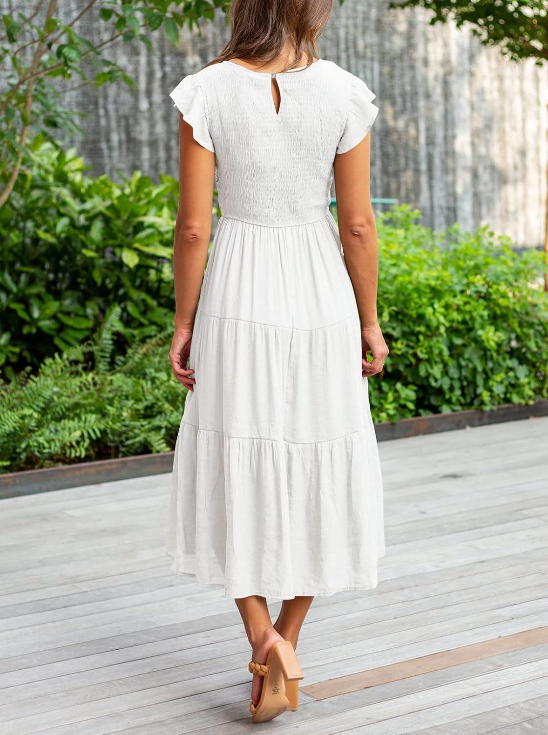 imageMEROKEETY Womens Flutter Short Sleeve Smocked Midi Dress Summer Casual Tiered ALine DressWhite
