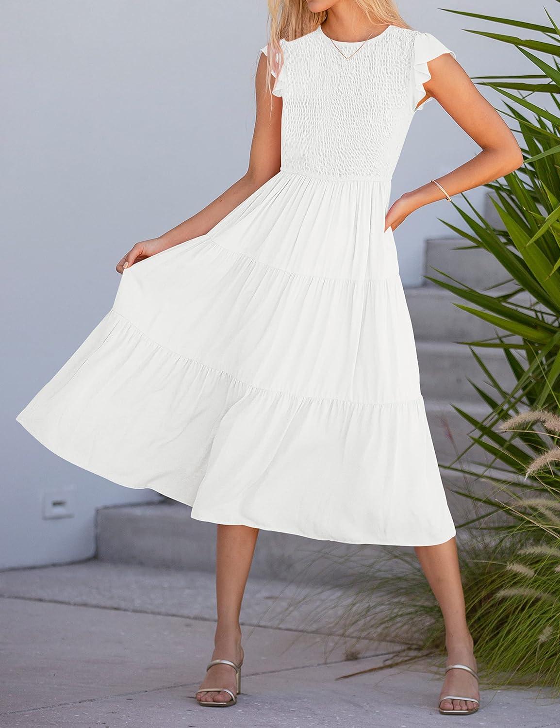 imageMEROKEETY Womens Flutter Short Sleeve Smocked Midi Dress Summer Casual Tiered ALine DressWhite