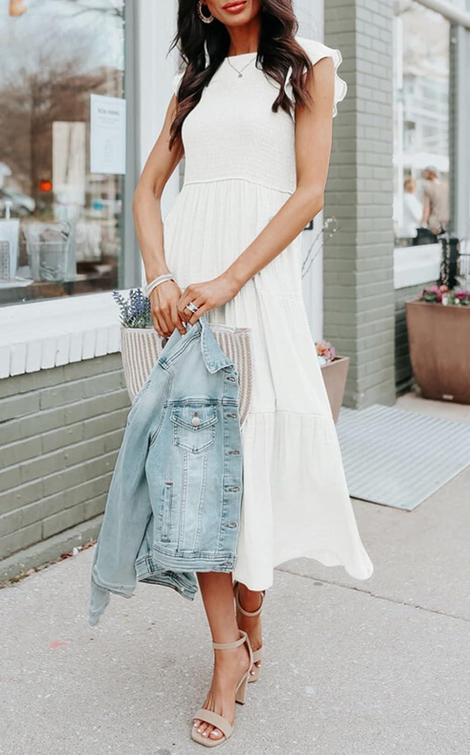imageMEROKEETY Womens Flutter Short Sleeve Smocked Midi Dress Summer Casual Tiered ALine DressWhite