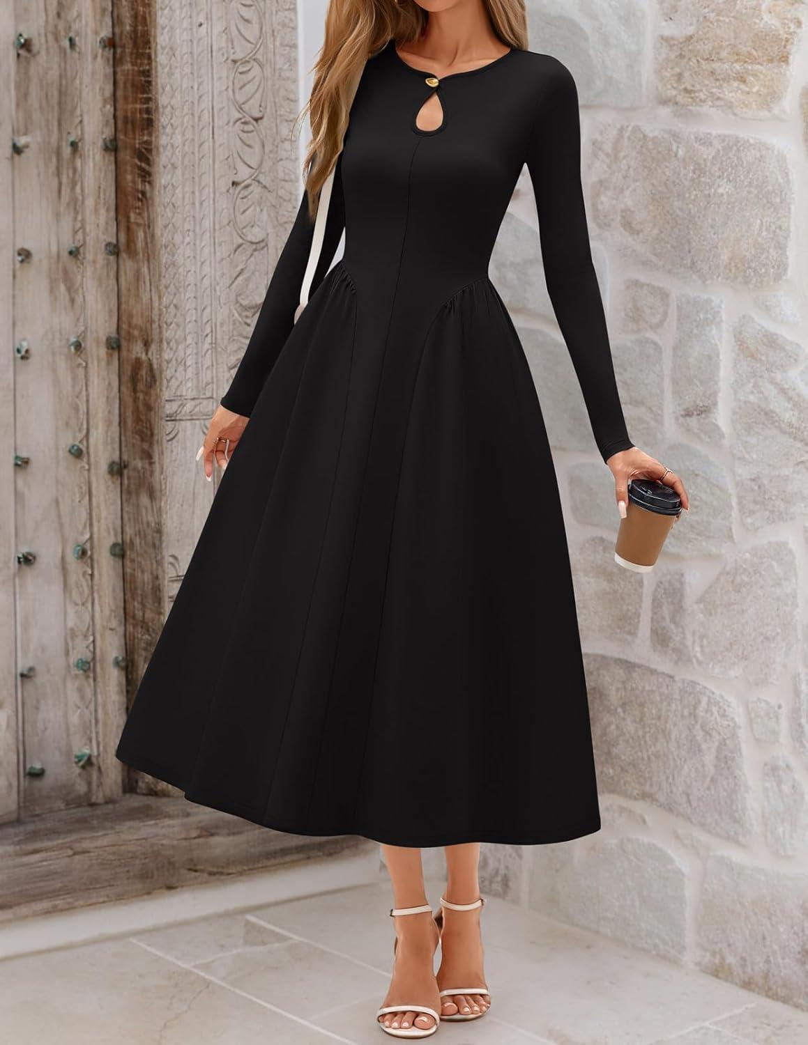 imageMEROKEETY Womens Long Sleeve Flowy A Line Dresses 2025 Fall Fashion Elegant Cutout Wedding Guest Midi Maxi DressBlack