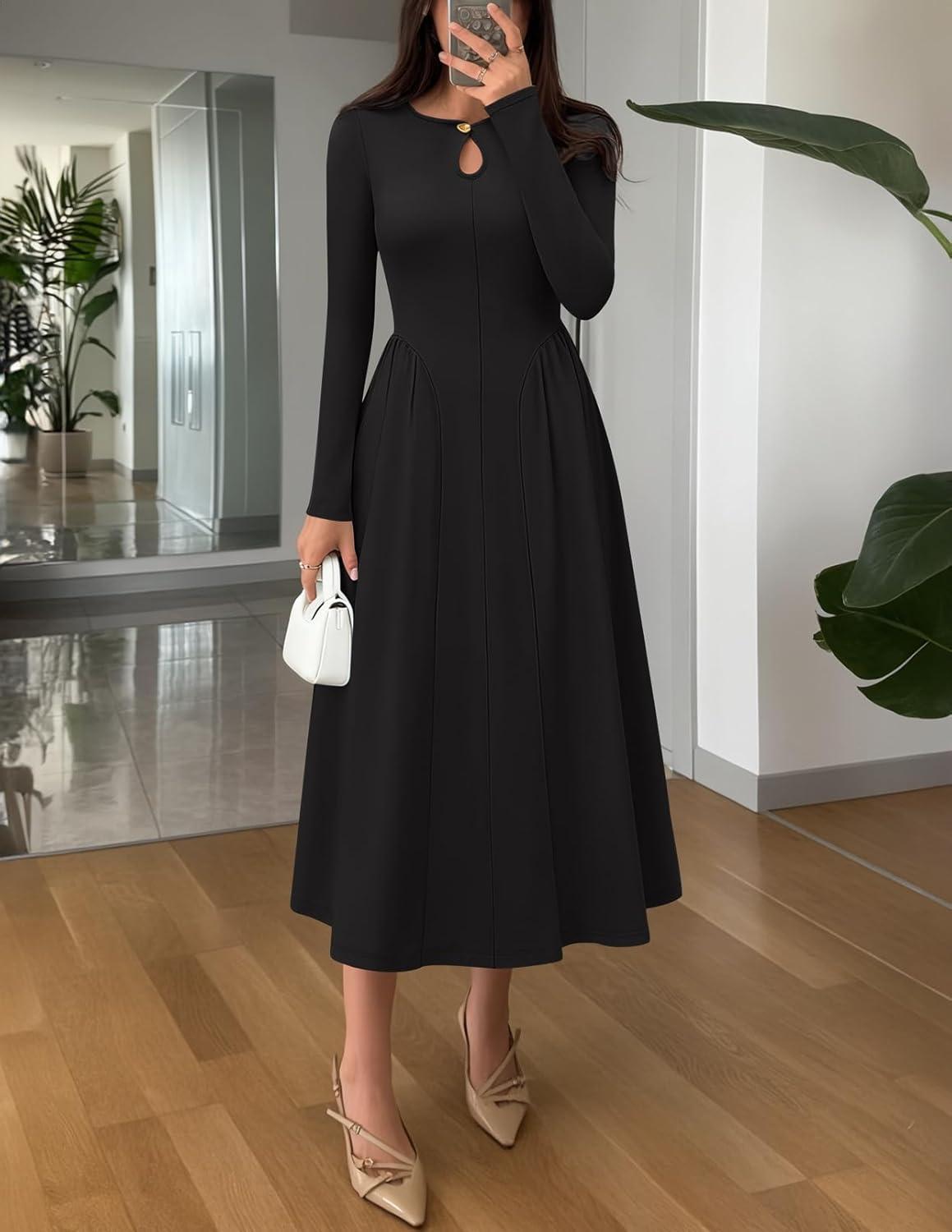imageMEROKEETY Womens Long Sleeve Flowy A Line Dresses 2025 Fall Fashion Elegant Cutout Wedding Guest Midi Maxi DressBlack