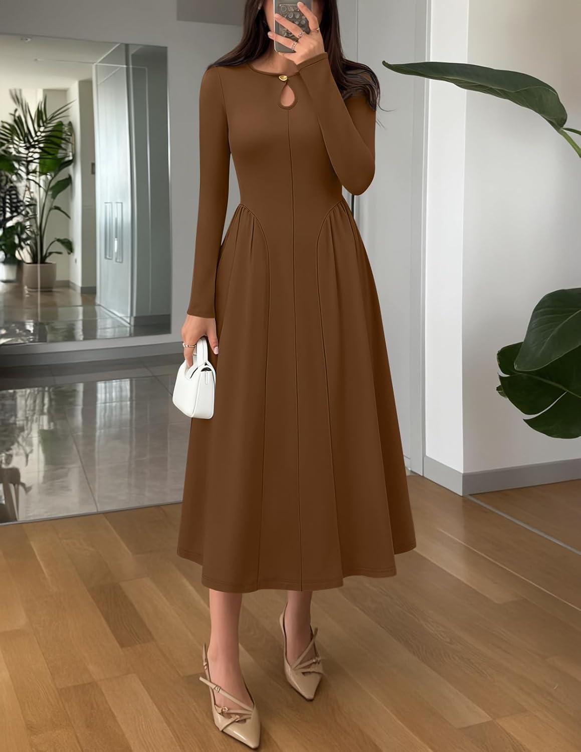 imageMEROKEETY Womens Long Sleeve Flowy A Line Dresses 2025 Fall Fashion Elegant Cutout Wedding Guest Midi Maxi DressBrown