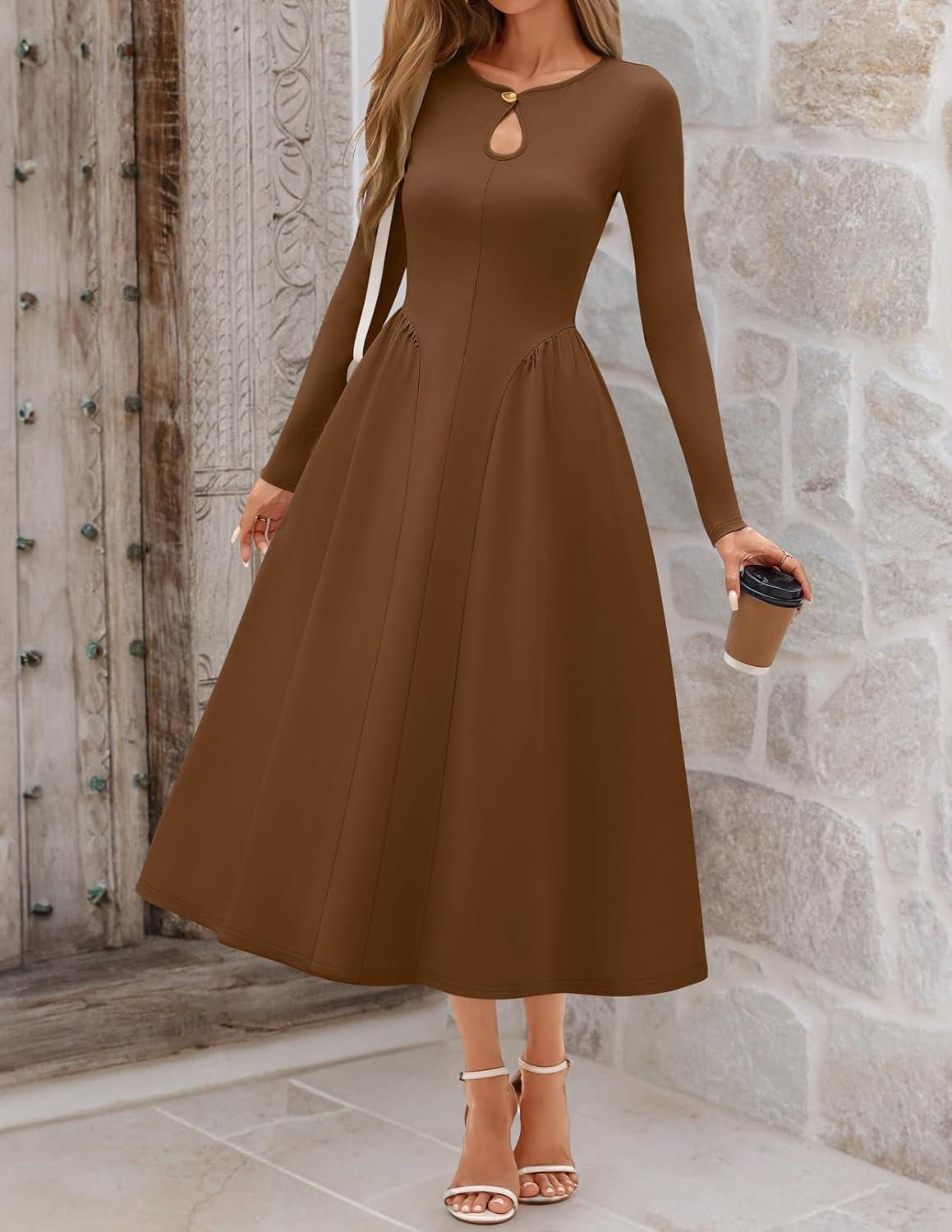 imageMEROKEETY Womens Long Sleeve Flowy A Line Dresses 2025 Fall Fashion Elegant Cutout Wedding Guest Midi Maxi DressBrown