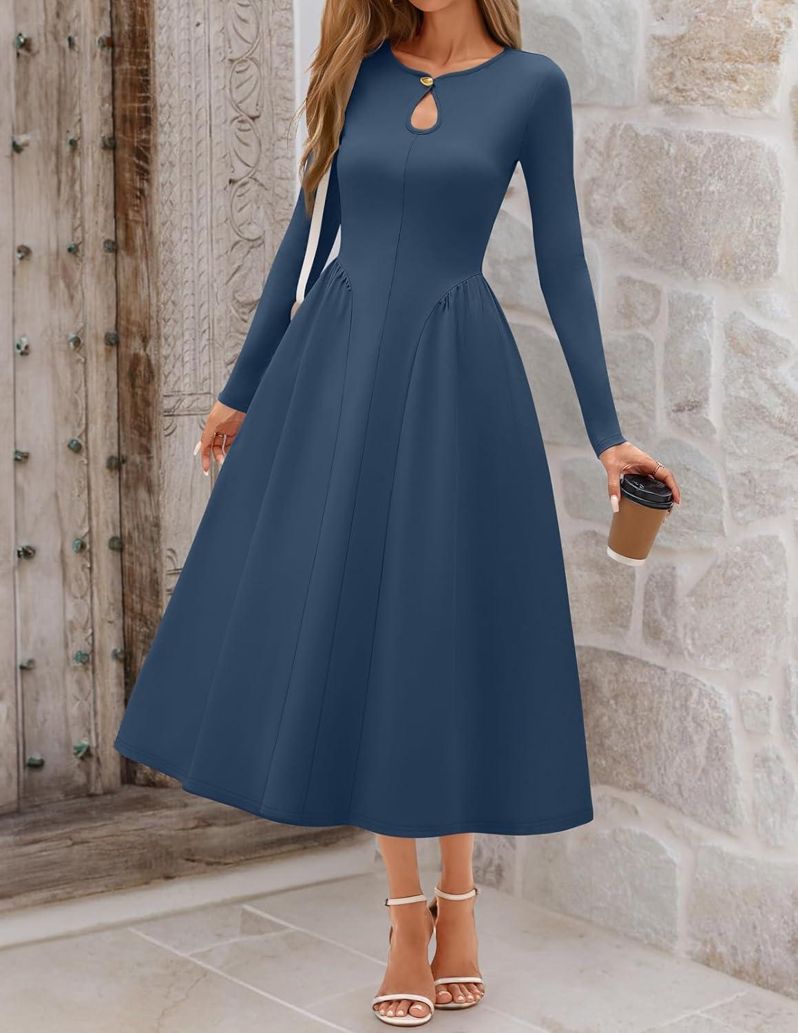 imageMEROKEETY Womens Long Sleeve Flowy A Line Dresses 2025 Fall Fashion Elegant Cutout Wedding Guest Midi Maxi DressNavy