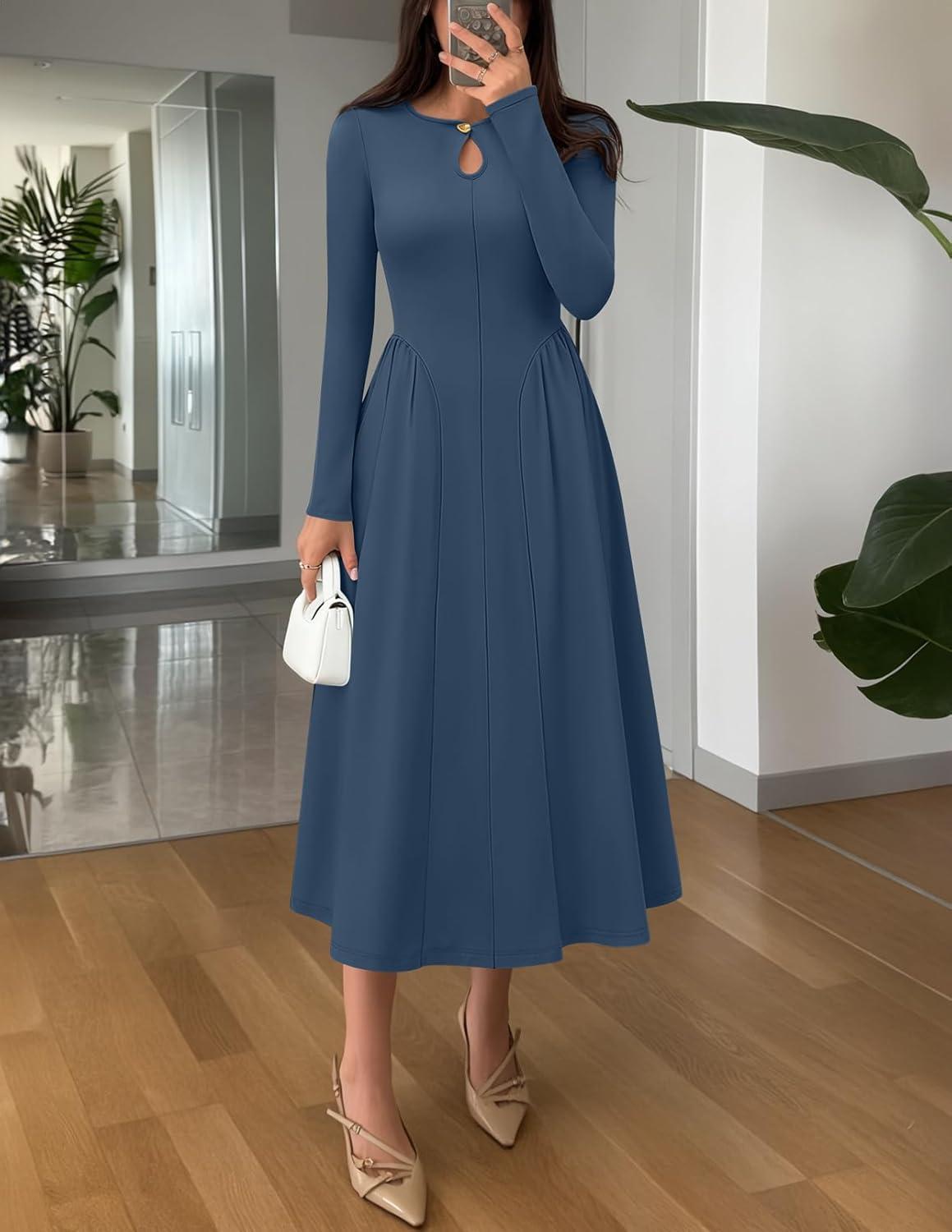 imageMEROKEETY Womens Long Sleeve Flowy A Line Dresses 2025 Fall Fashion Elegant Cutout Wedding Guest Midi Maxi DressNavy
