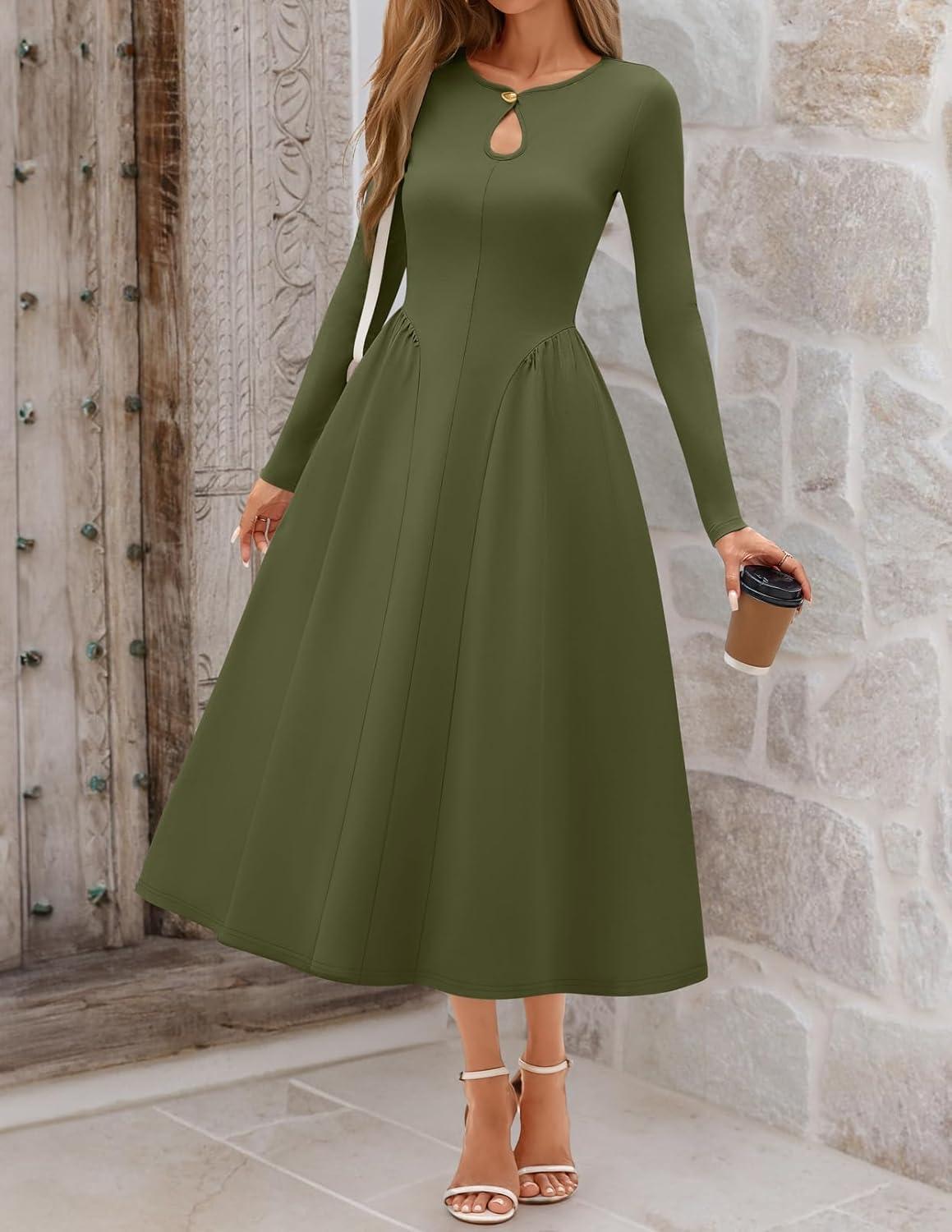 imageMEROKEETY Womens Long Sleeve Flowy A Line Dresses 2025 Fall Fashion Elegant Cutout Wedding Guest Midi Maxi DressOlive