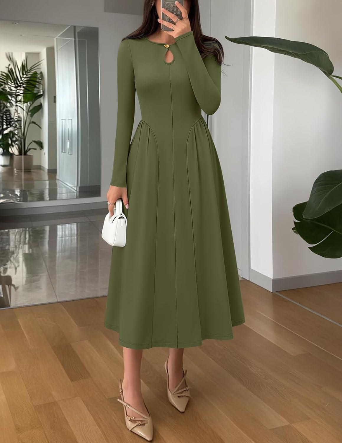 imageMEROKEETY Womens Long Sleeve Flowy A Line Dresses 2025 Fall Fashion Elegant Cutout Wedding Guest Midi Maxi DressOlive