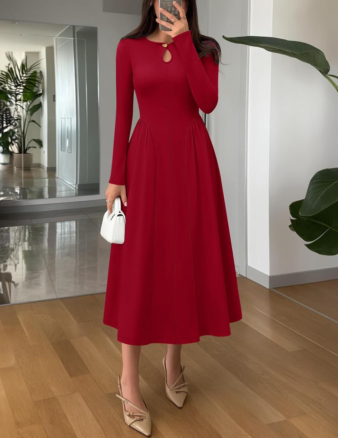 imageMEROKEETY Womens Long Sleeve Flowy A Line Dresses 2025 Fall Fashion Elegant Cutout Wedding Guest Midi Maxi DressWine Red