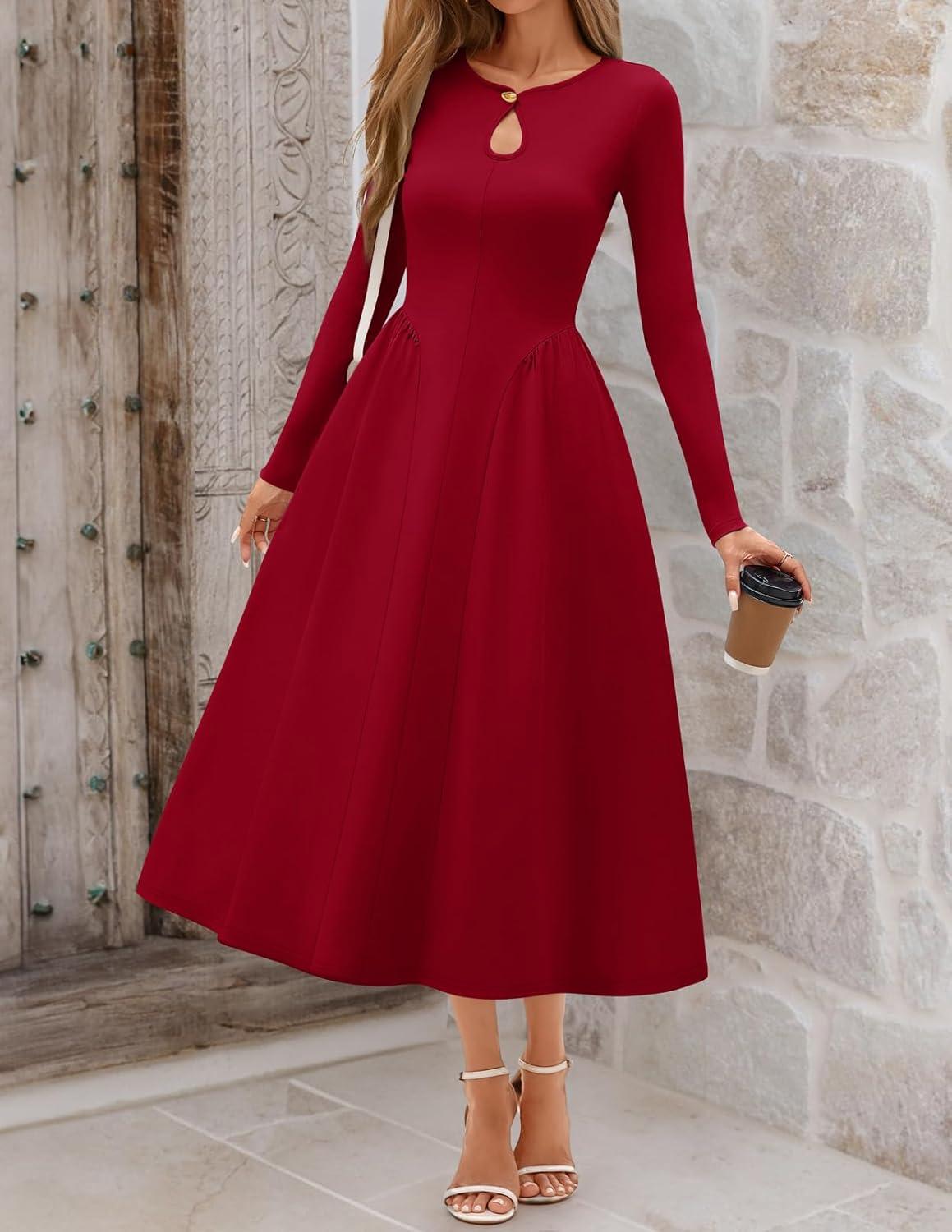 imageMEROKEETY Womens Long Sleeve Flowy A Line Dresses 2025 Fall Fashion Elegant Cutout Wedding Guest Midi Maxi DressWine Red