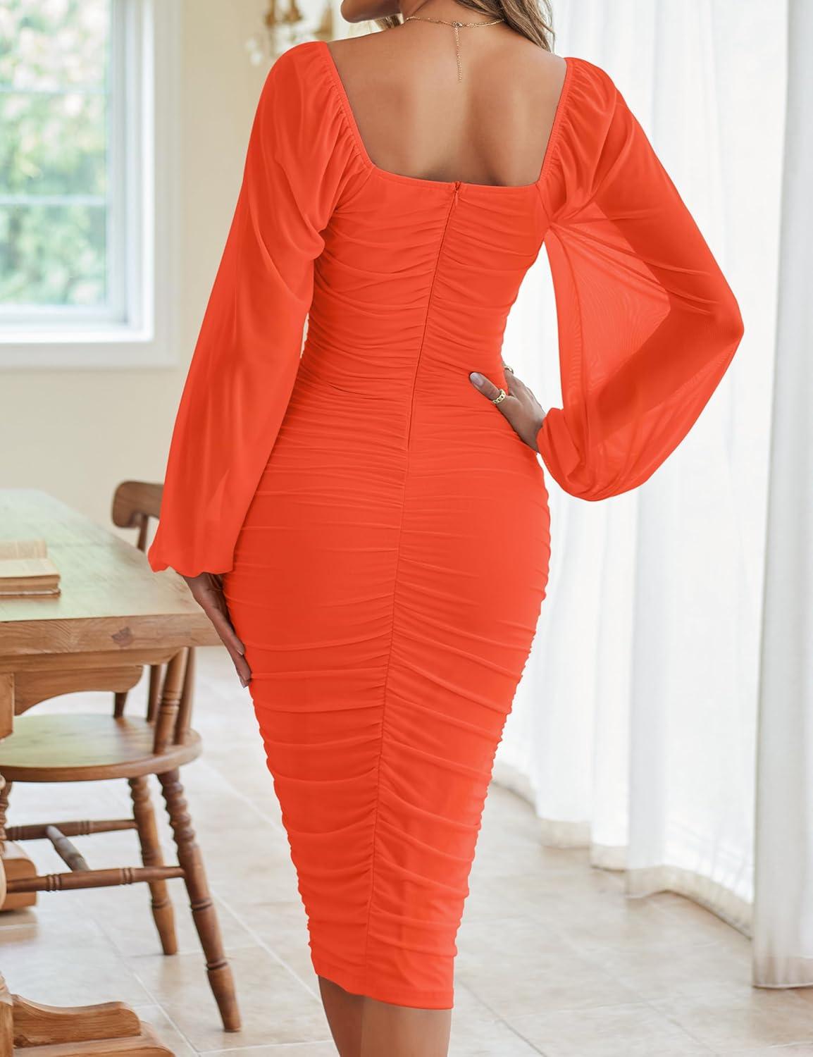 imageMEROKEETY Womens Long Sleeve Wedding Guest Formal Dress Fall Winter Ruched Bodycon Mesh Cocktail Party Midi DressesOrange