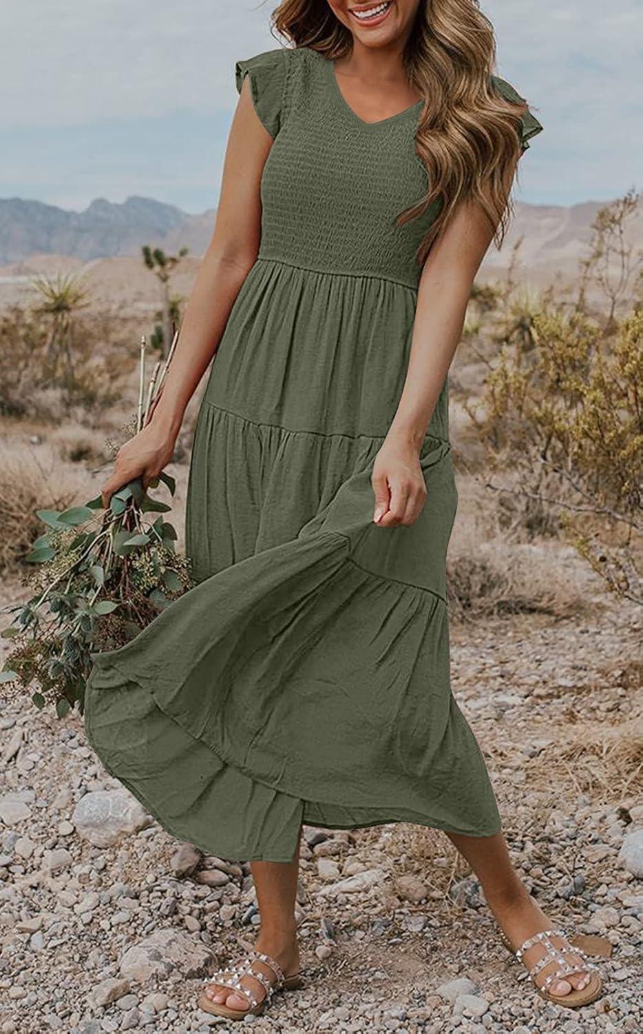 imageMEROKEETY Womens Summer 2026 Casual Midi Dress Flutter Sleeve V Neck Smocked Tiered Beach Vacation DressesArmy Green