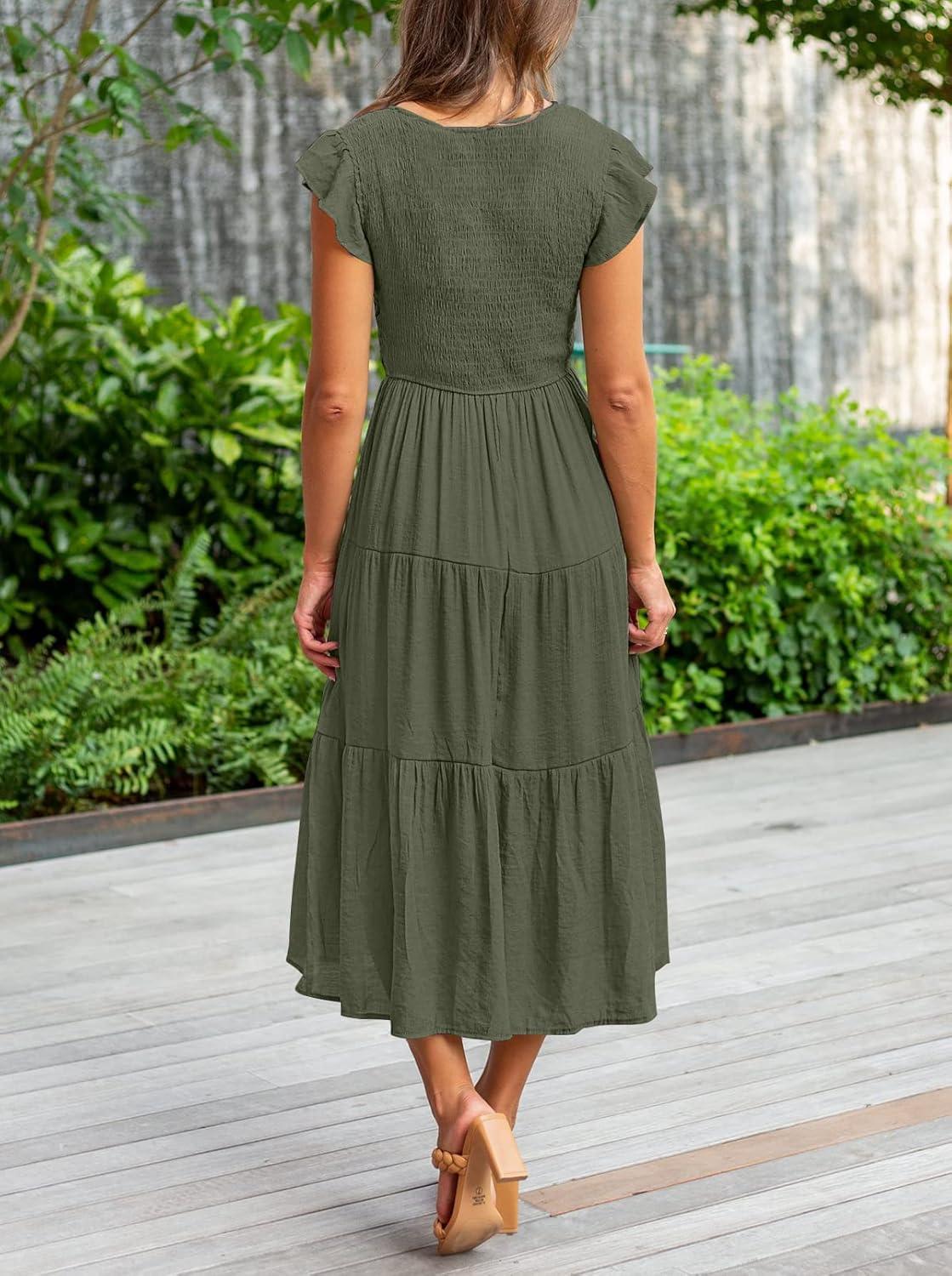 imageMEROKEETY Womens Summer 2026 Casual Midi Dress Flutter Sleeve V Neck Smocked Tiered Beach Vacation DressesArmy Green