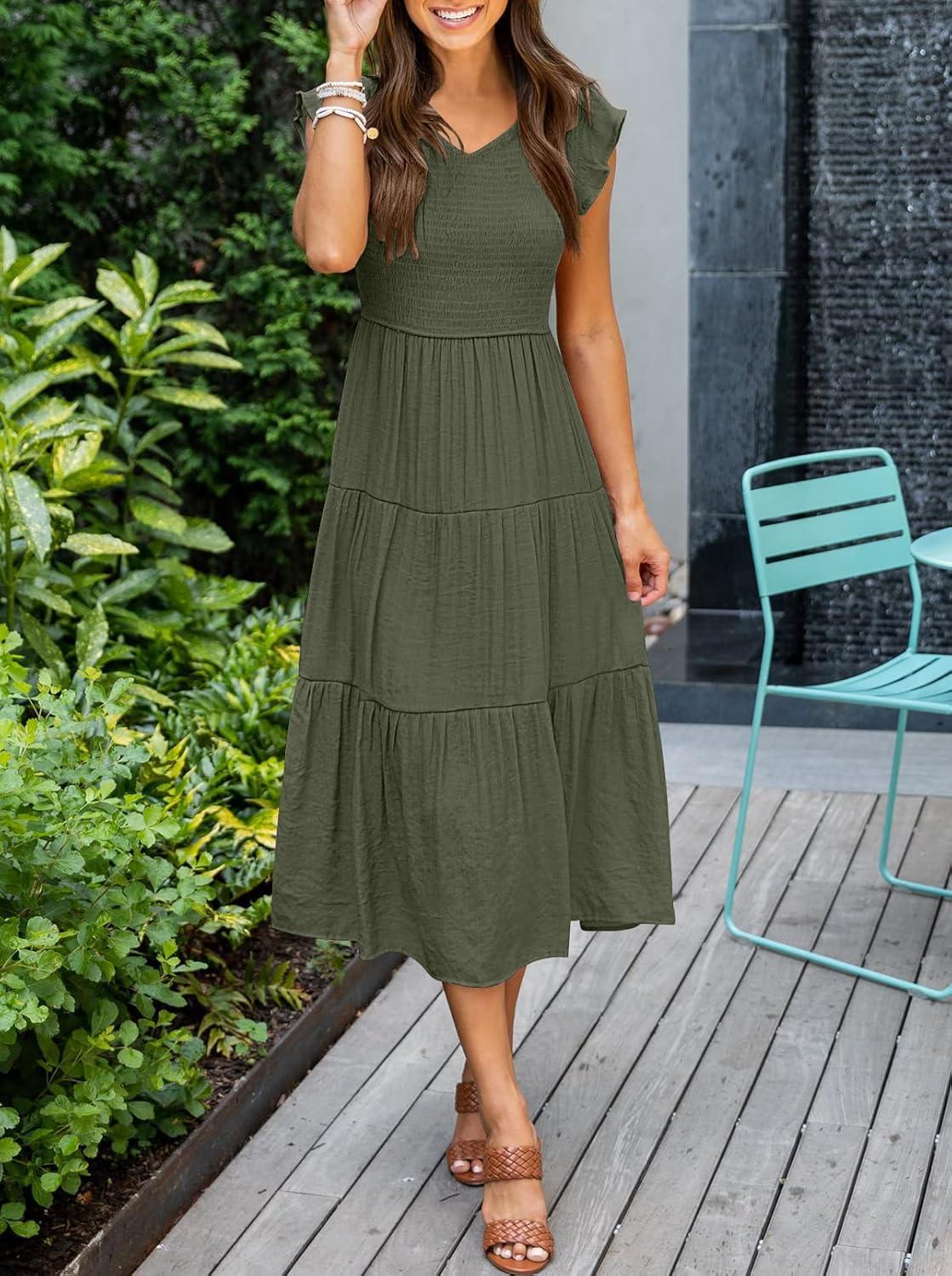 imageMEROKEETY Womens Summer 2026 Casual Midi Dress Flutter Sleeve V Neck Smocked Tiered Beach Vacation DressesArmy Green