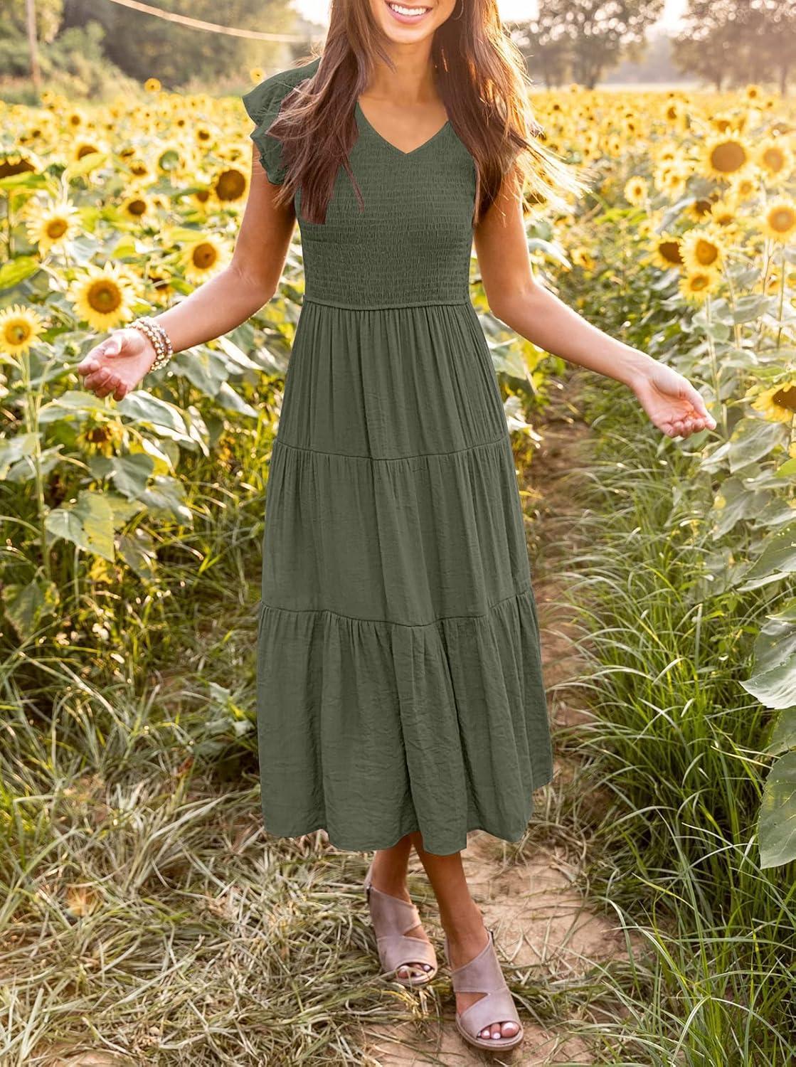 imageMEROKEETY Womens Summer 2026 Casual Midi Dress Flutter Sleeve V Neck Smocked Tiered Beach Vacation DressesArmy Green