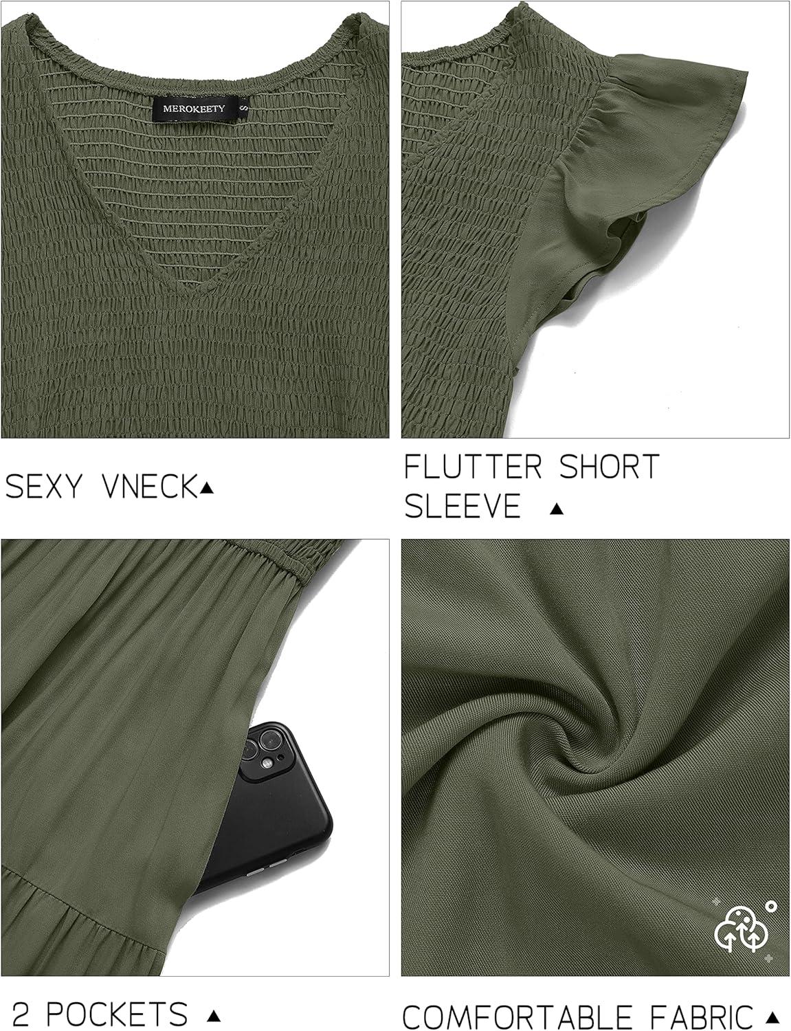 imageMEROKEETY Womens Summer 2026 Casual Midi Dress Flutter Sleeve V Neck Smocked Tiered Beach Vacation DressesArmy Green