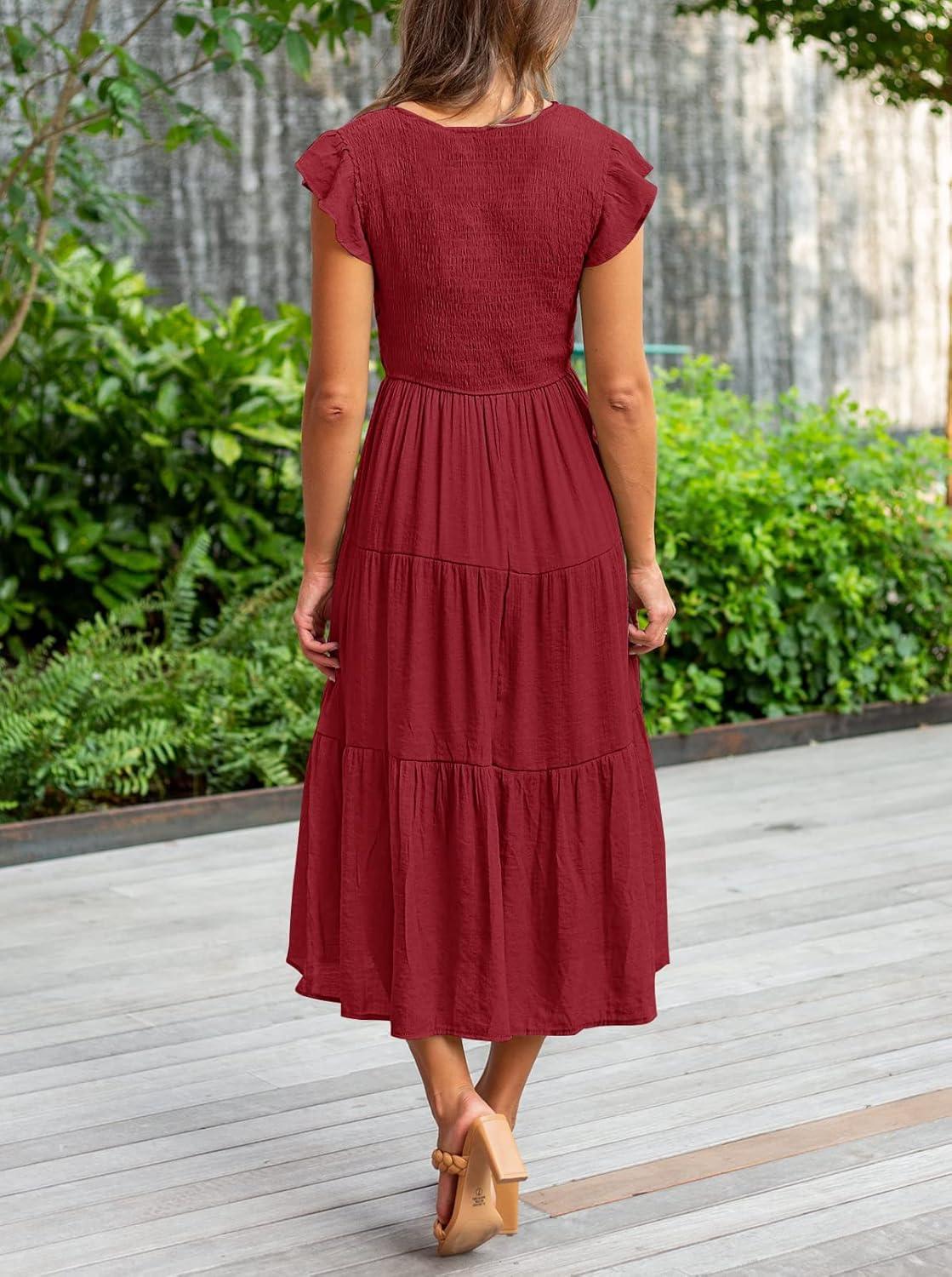 imageMEROKEETY Womens Summer 2026 Casual Midi Dress Flutter Sleeve V Neck Smocked Tiered Beach Vacation DressesWine