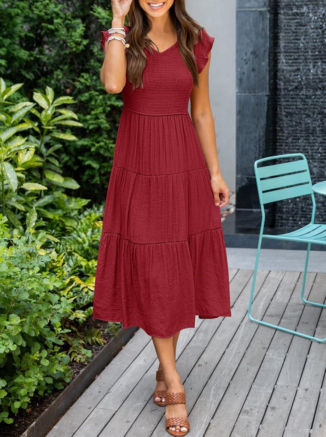 imageMEROKEETY Womens Summer 2026 Casual Midi Dress Flutter Sleeve V Neck Smocked Tiered Beach Vacation DressesWine