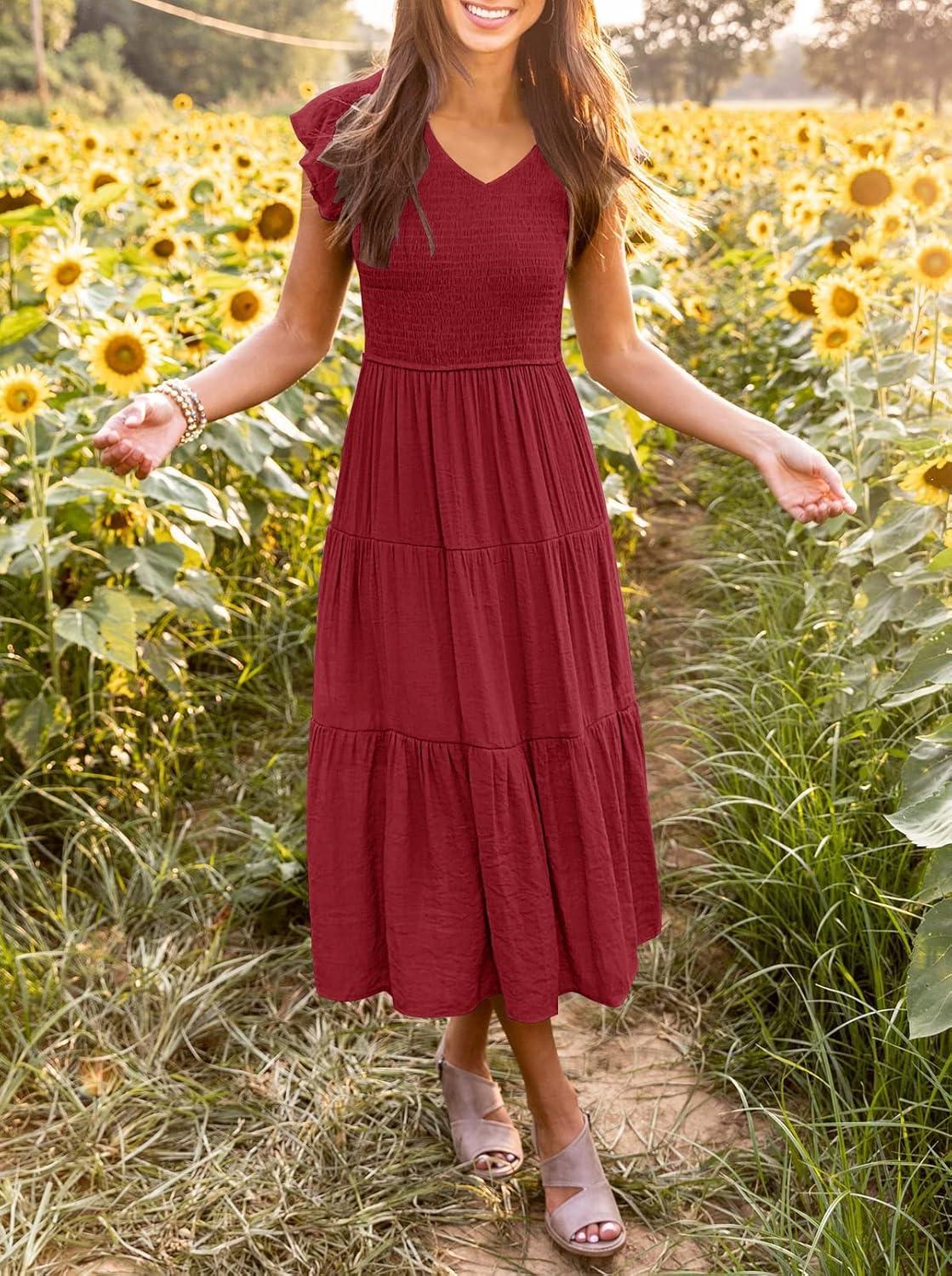 imageMEROKEETY Womens Summer 2026 Casual Midi Dress Flutter Sleeve V Neck Smocked Tiered Beach Vacation DressesWine